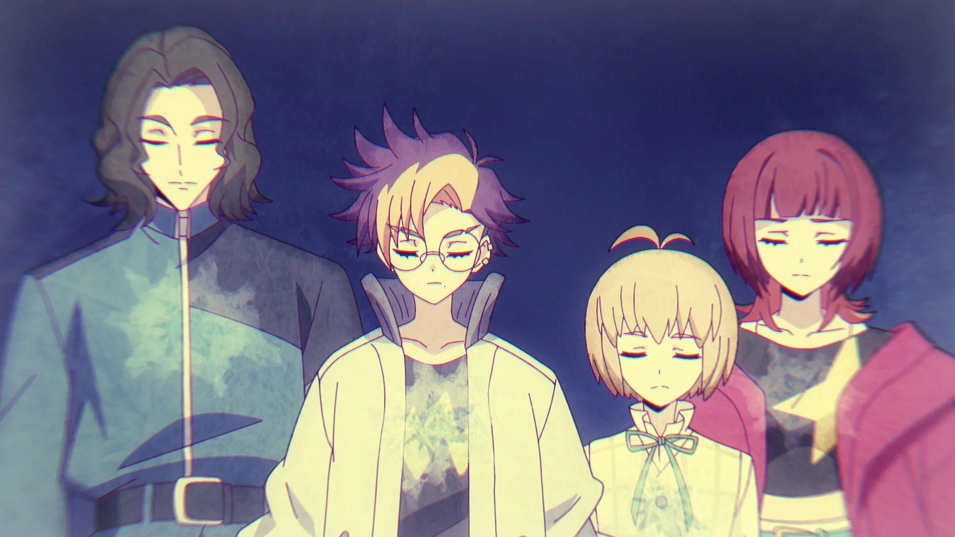 Four anime characters standing in a group