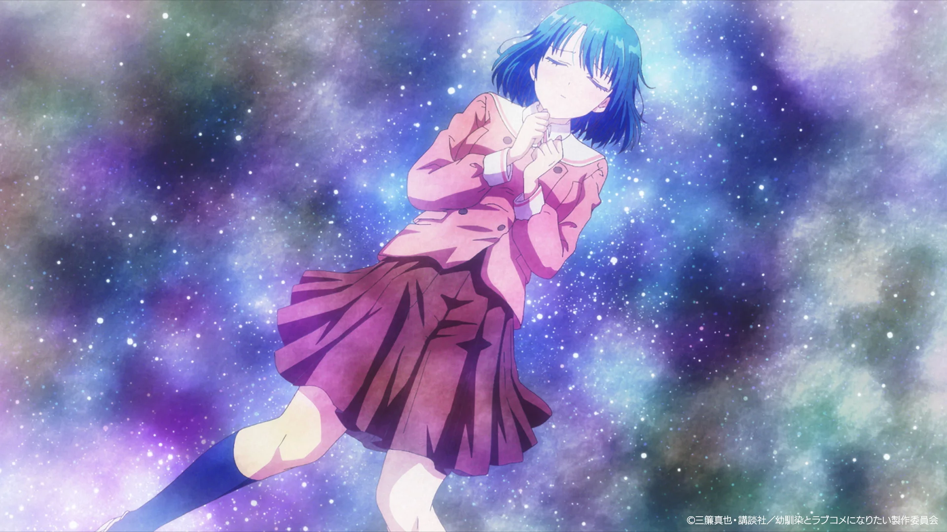 Anime character in a school uniform floating in a colorful, cosmic background
