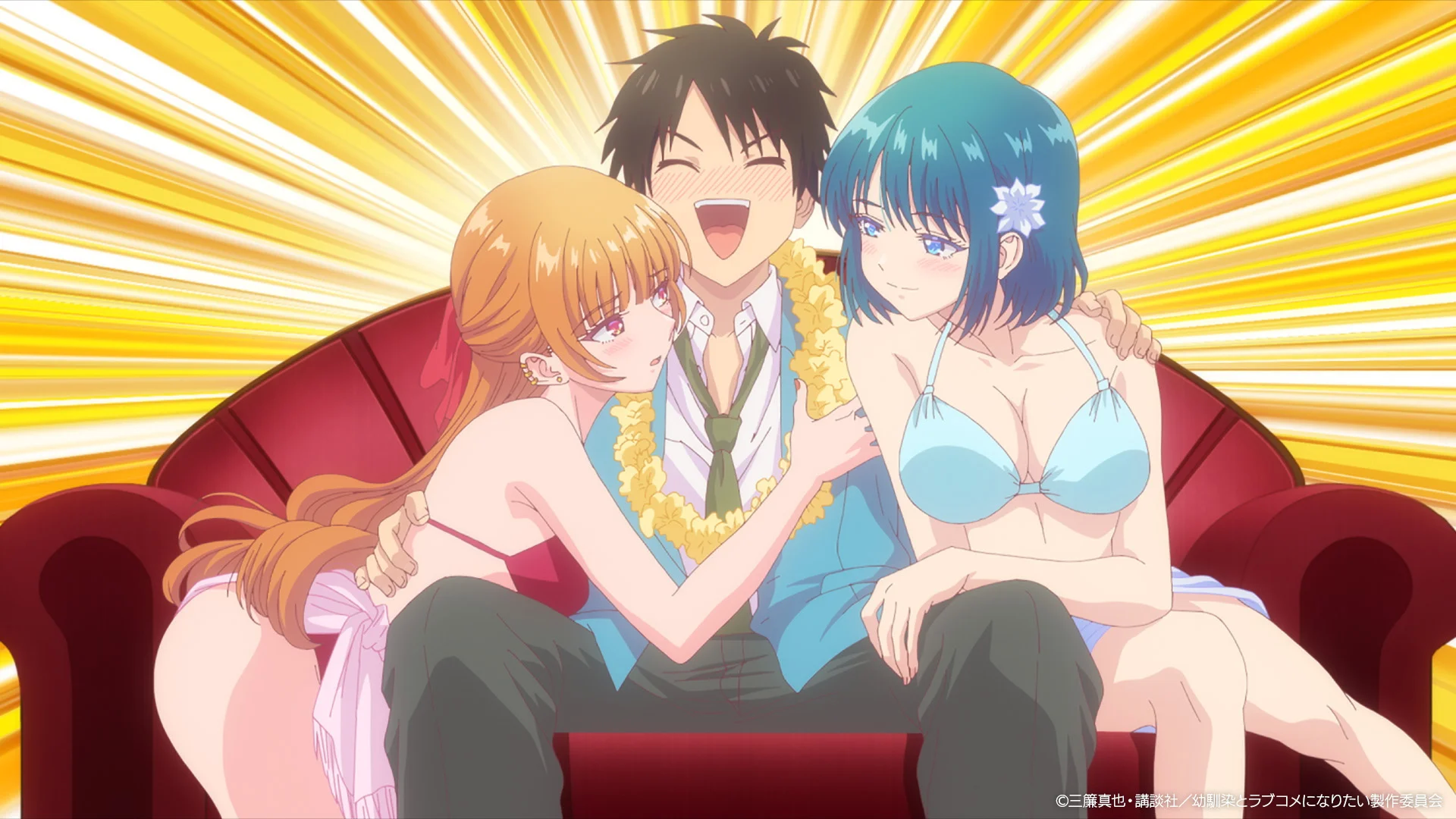 Anime characters sitting on a couch; a male character in the center with two female characters close to him