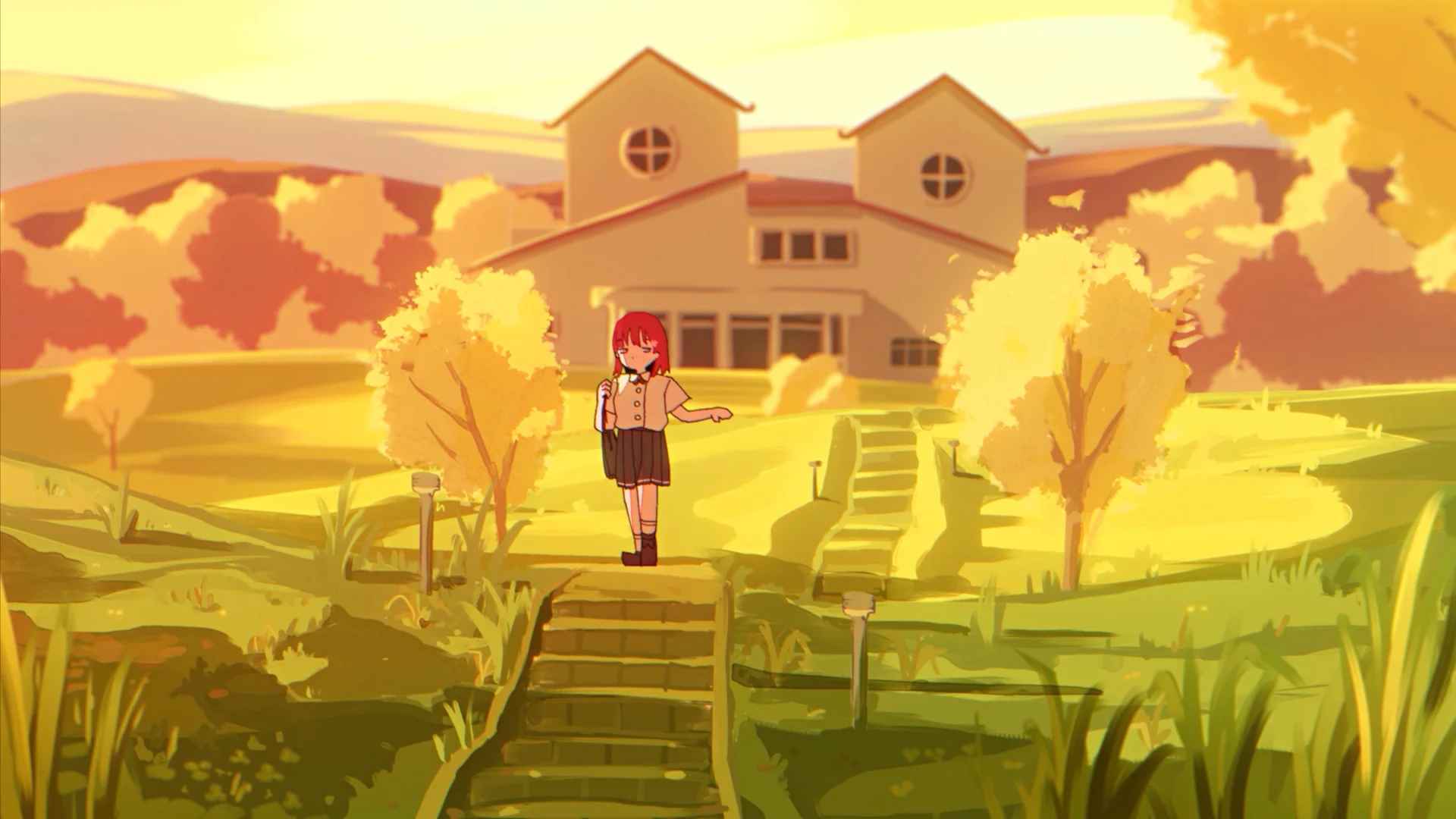 رسم بأسلوب أنمي لفتاة تقف على ممر في منظر طبيعي مشرق وجميل مع منزل في الخلفية.