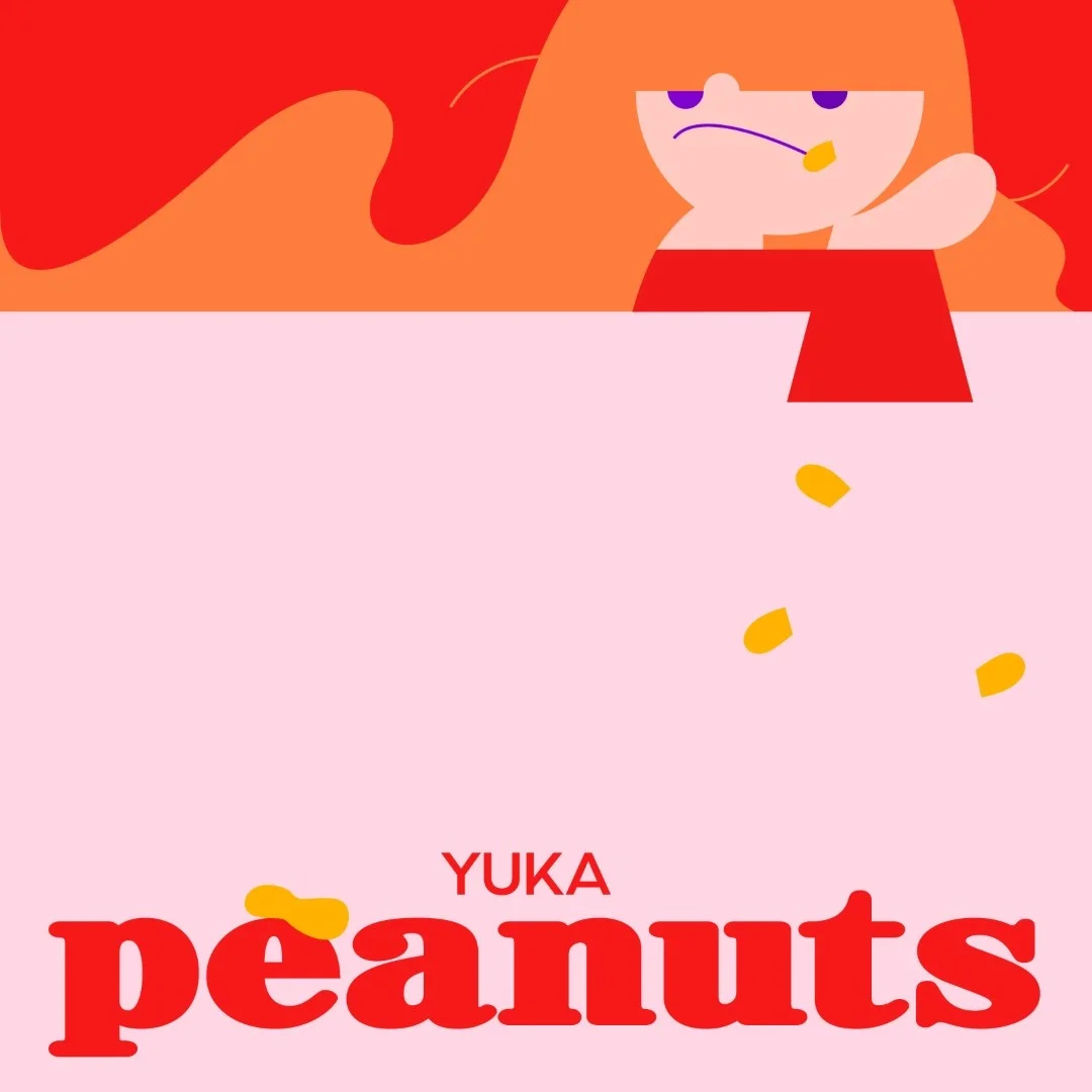 Illustration of a cartoon character with long hair and falling peanuts, text YUKA peanuts underneath