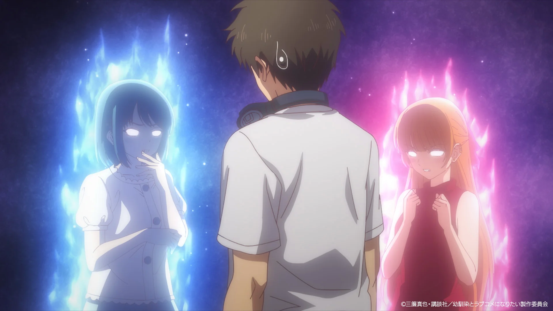 Кадр з аніме: центральний чоловічий персонаж протистоїть двом сяючим жіночим персонажам, одному синьому, одному рожевому
