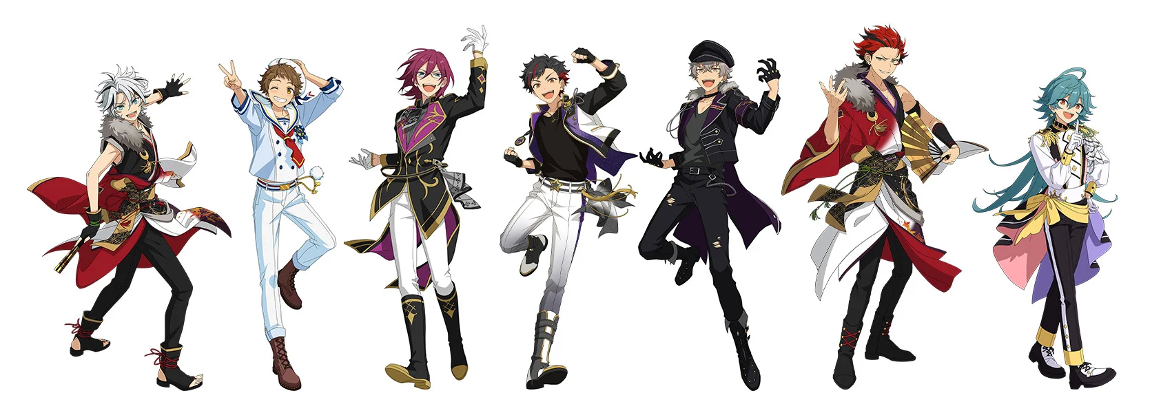 Septyni vyriški anime veikėjai dinamiškose pozose vilkintys spalvingus, puošnius kostiumus