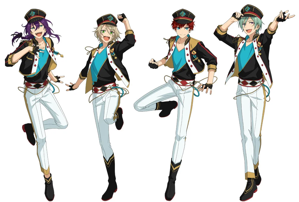 Ensemble Stars.-dan ALKALOID-iň deňleşdirilen geýimli dört agzasy