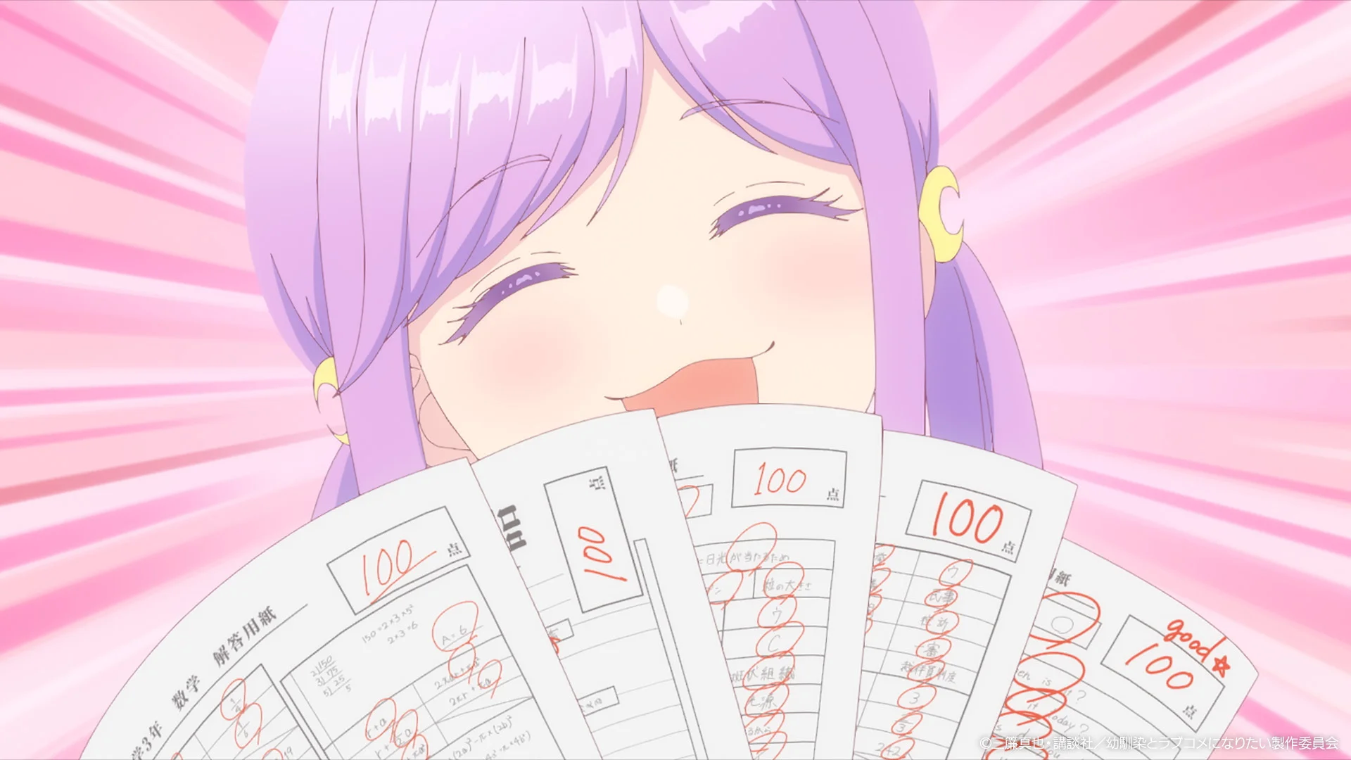 Lilás hajú karakter tökéletes pontszámokat mutató több tesztpapírral