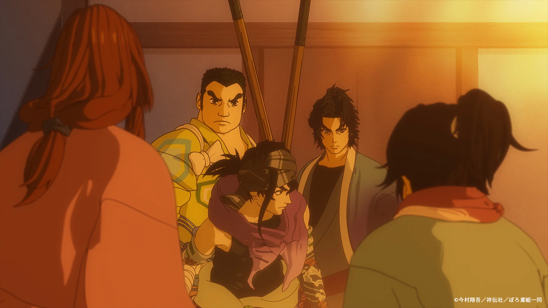 Group of anime characters in traditional attire in a dim room