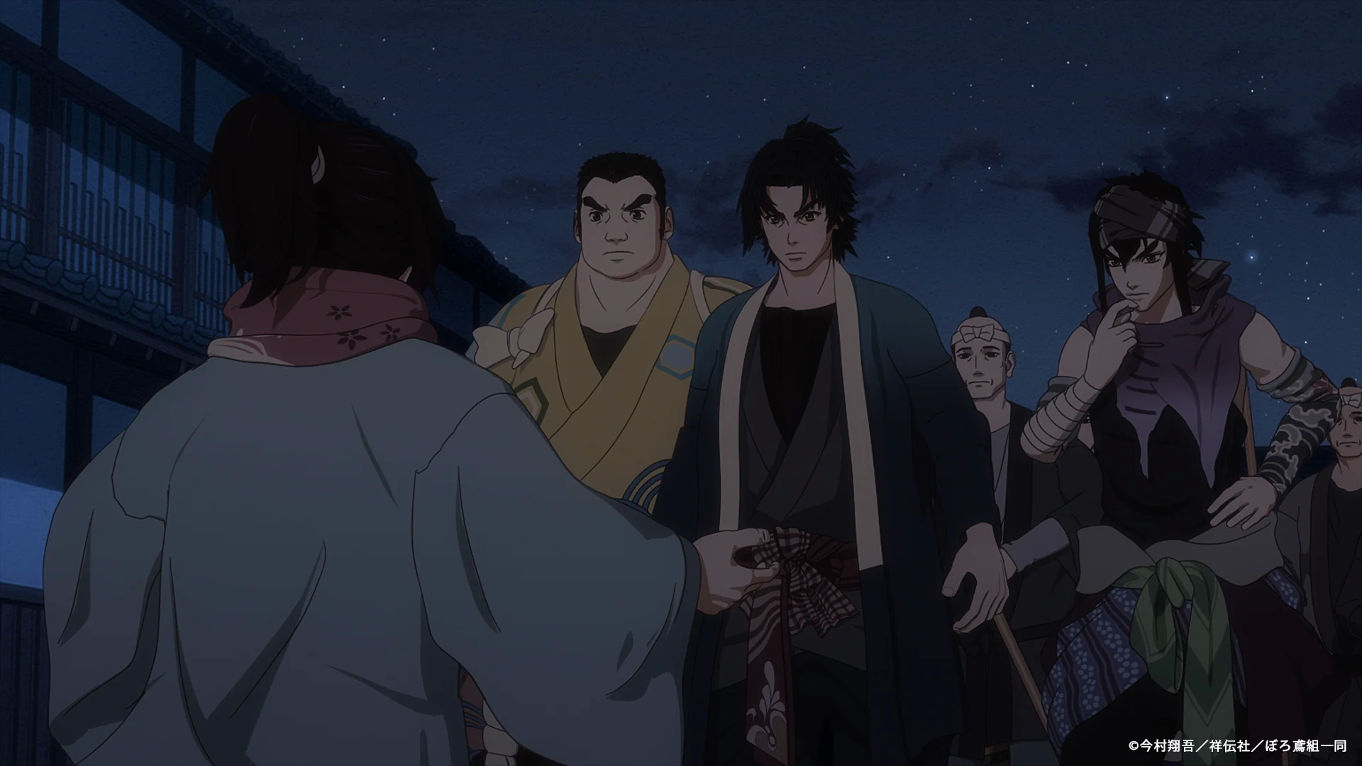 Characters in traditional attire facing away at night