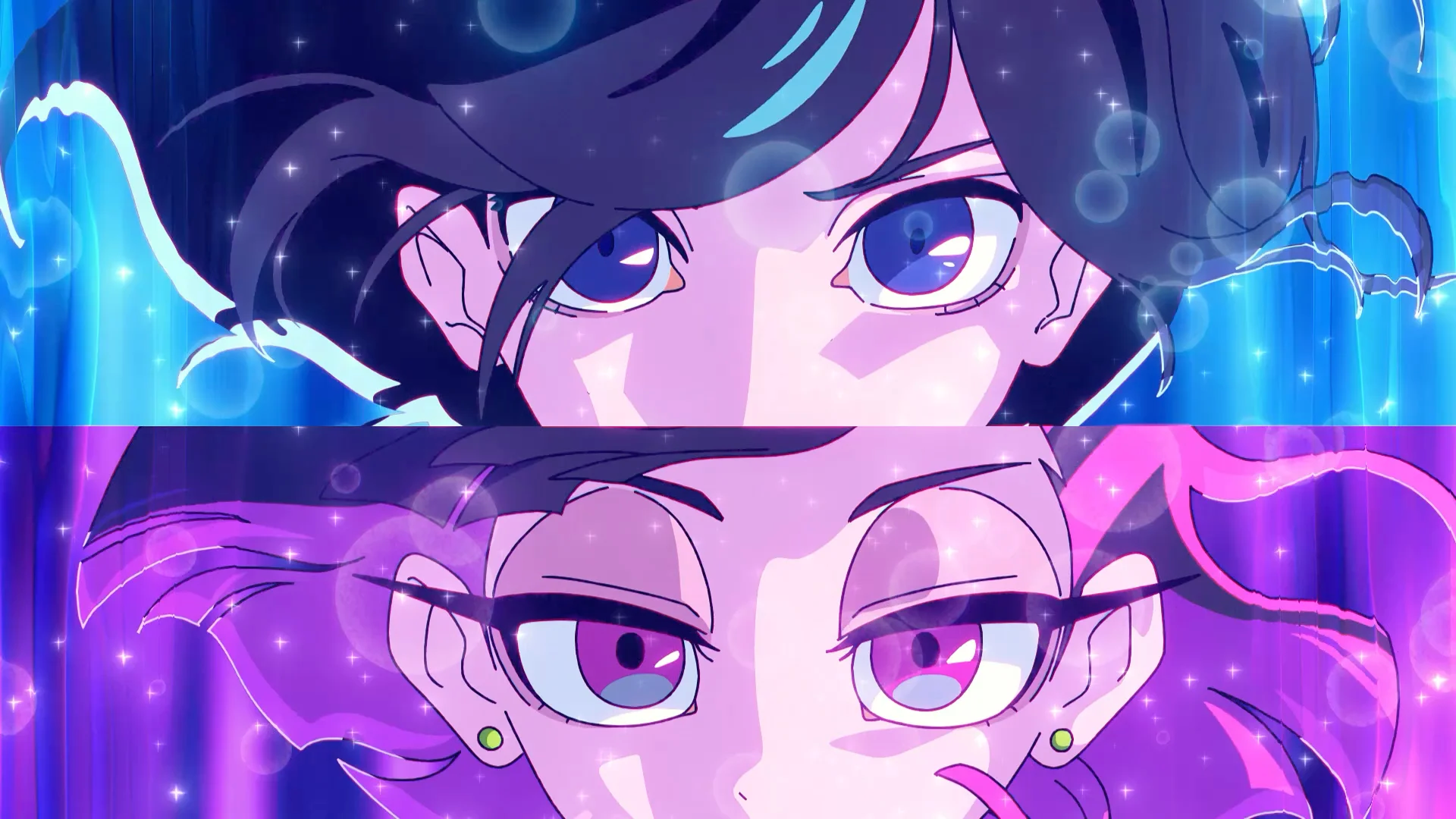 Dve anime postavy s intenzívnymi výrazmi v modrých a fialových odtieňoch