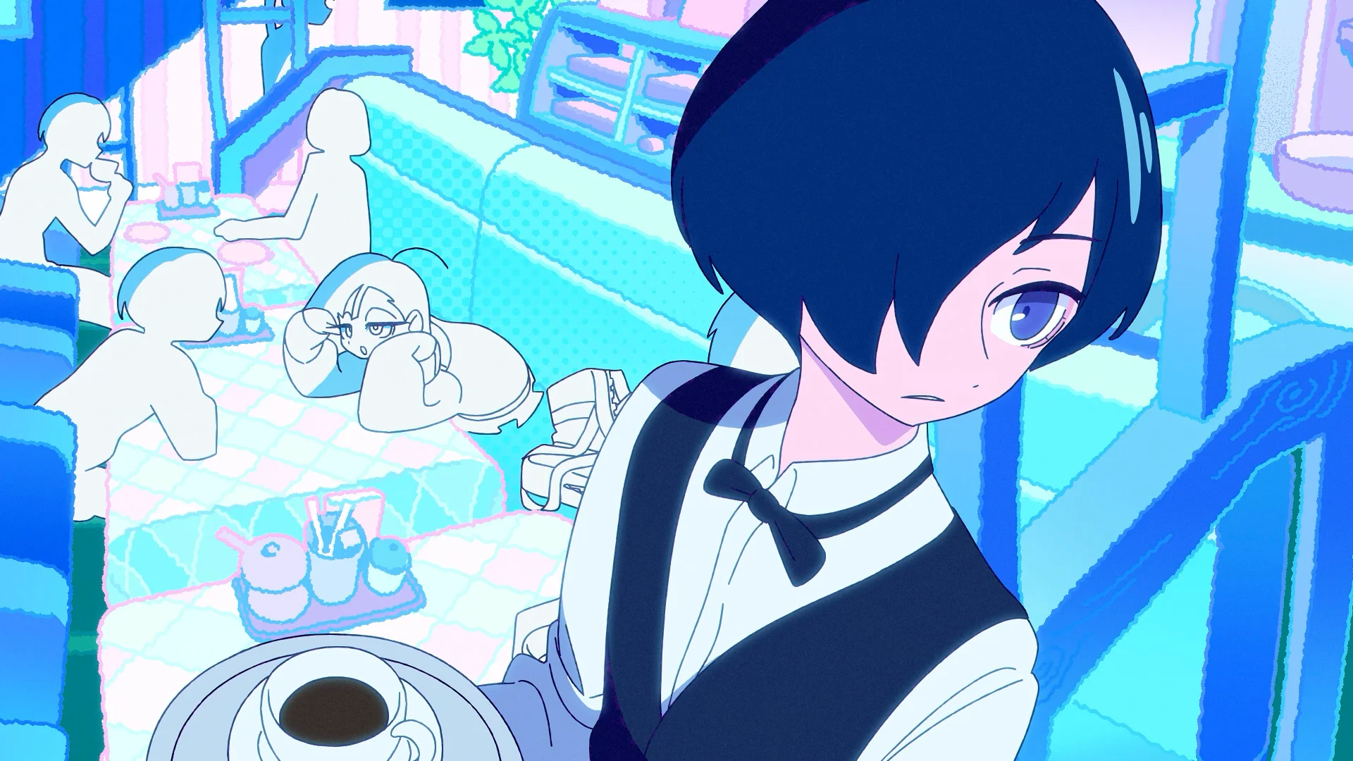 Anime postava s tmavými vlasmi držiaca šálku kávy v živom kaviarní