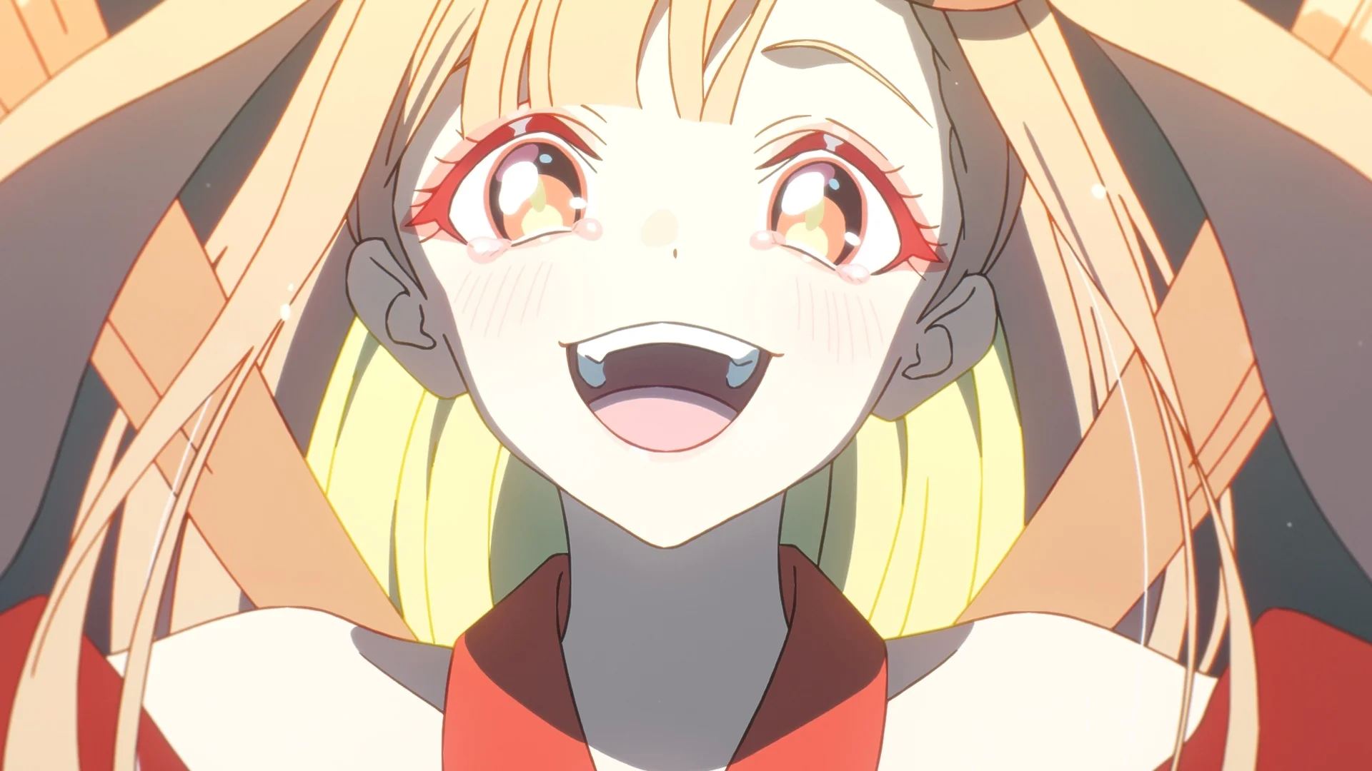 Anime character with orange hair and glowing eyes smiling joyfully.
