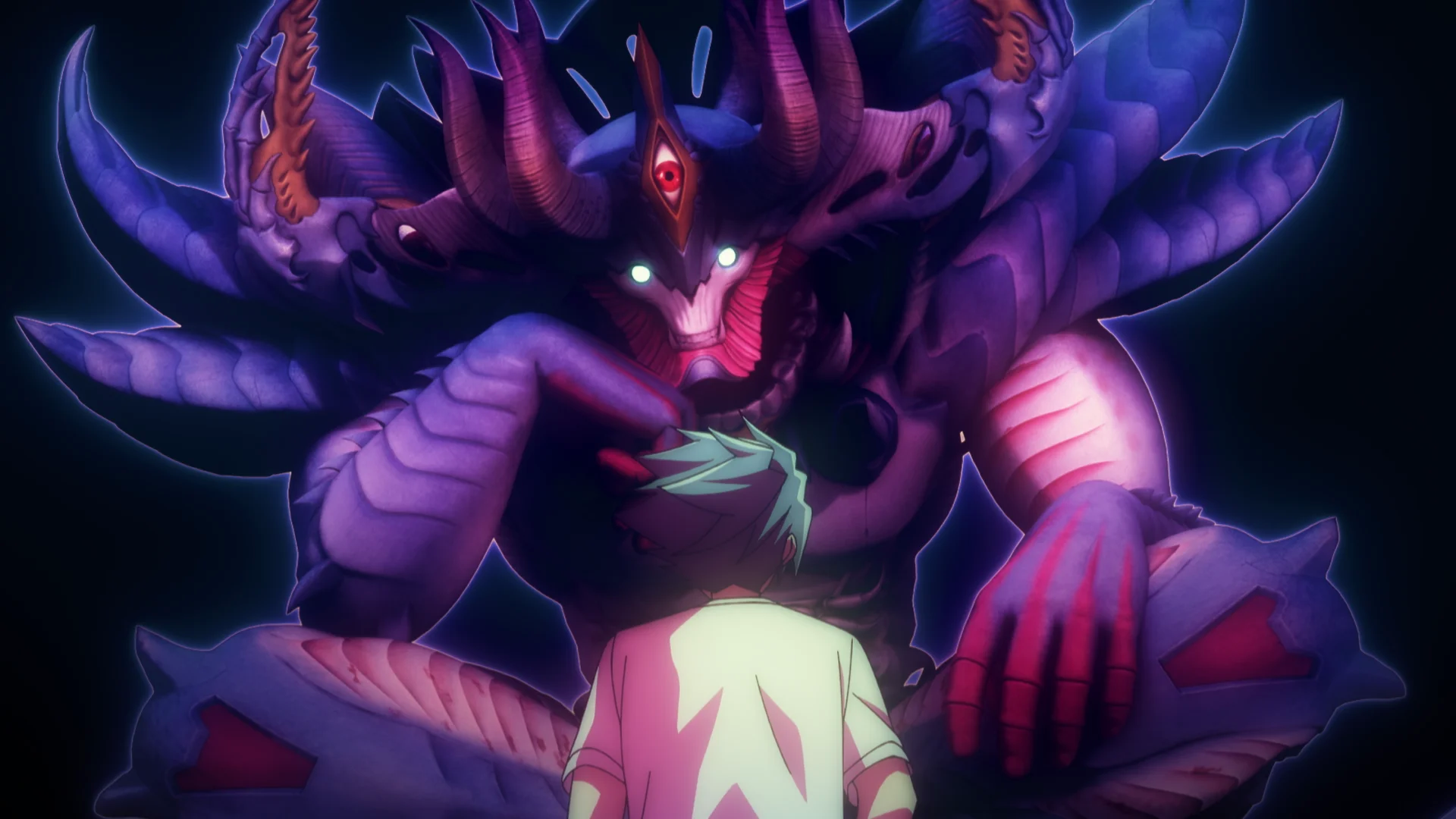 شخصیتی در مقابل موجودی شاخ‌دار بزرگ در Duel Masters LOST