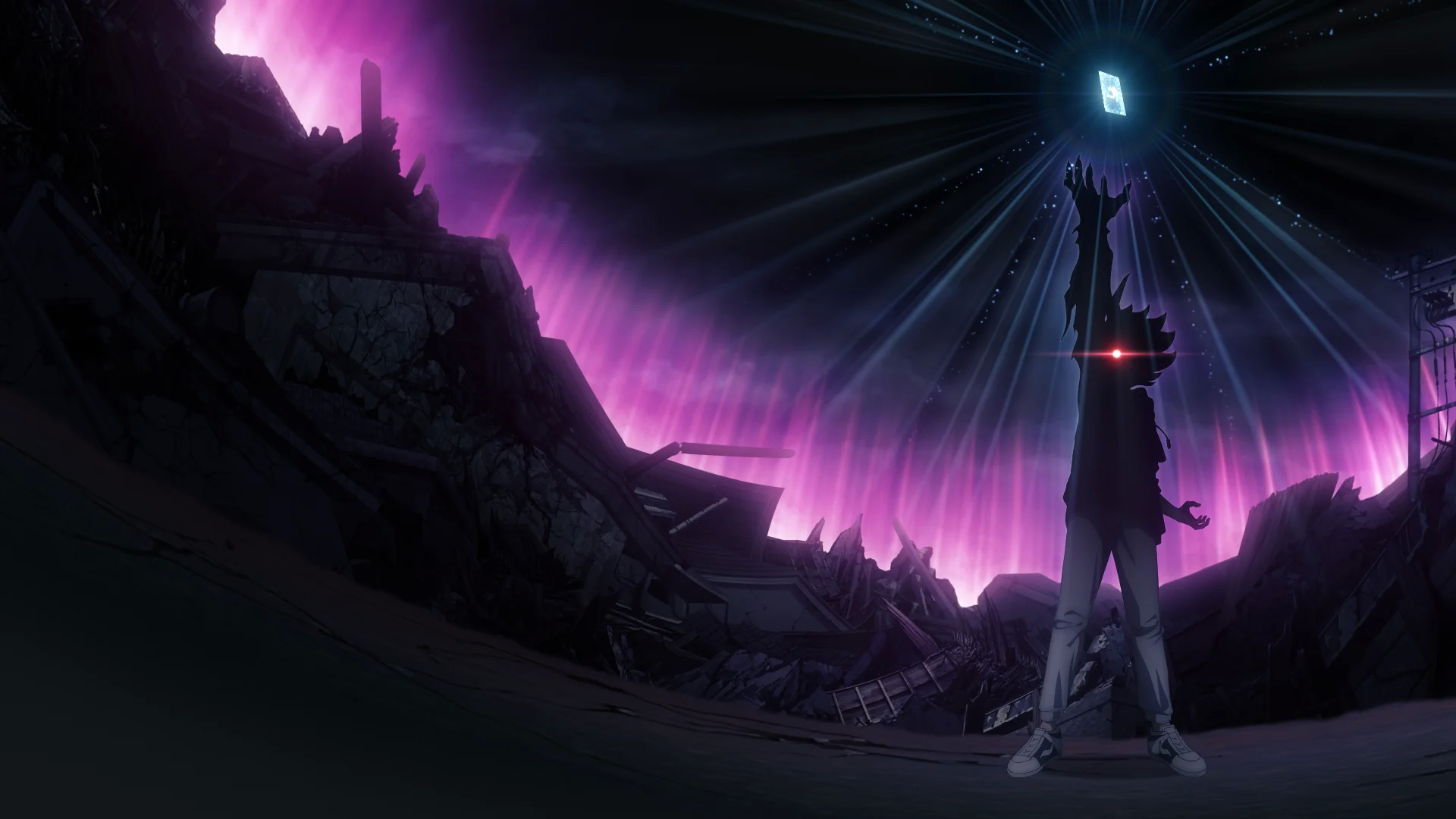 شخصیتی که به سمت یک جسم درخشان زیر آسمانی بنفش رنگ دراز می‌کشد