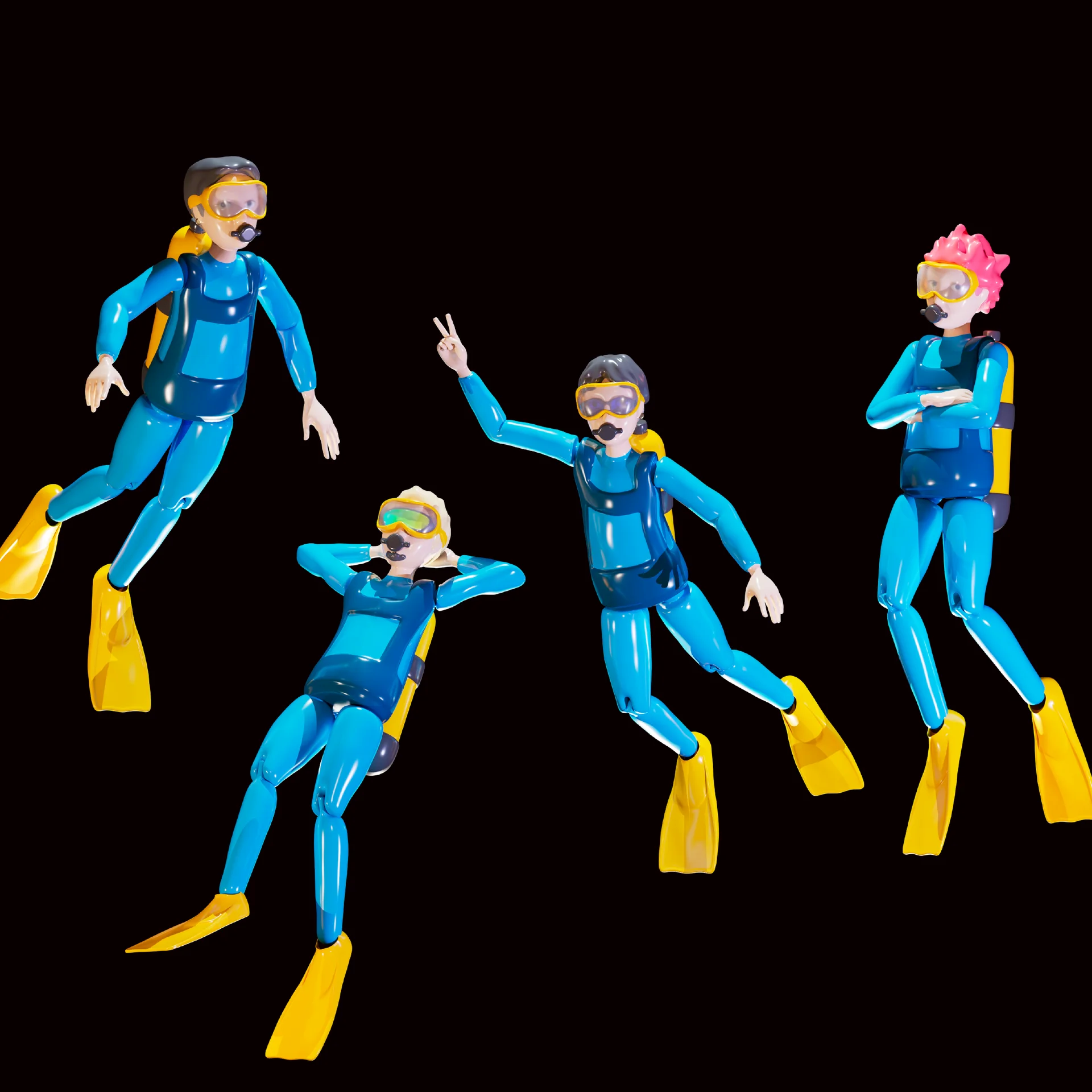 Mavi dalgıç kıyafetli ve sarı paletli stilize figürler