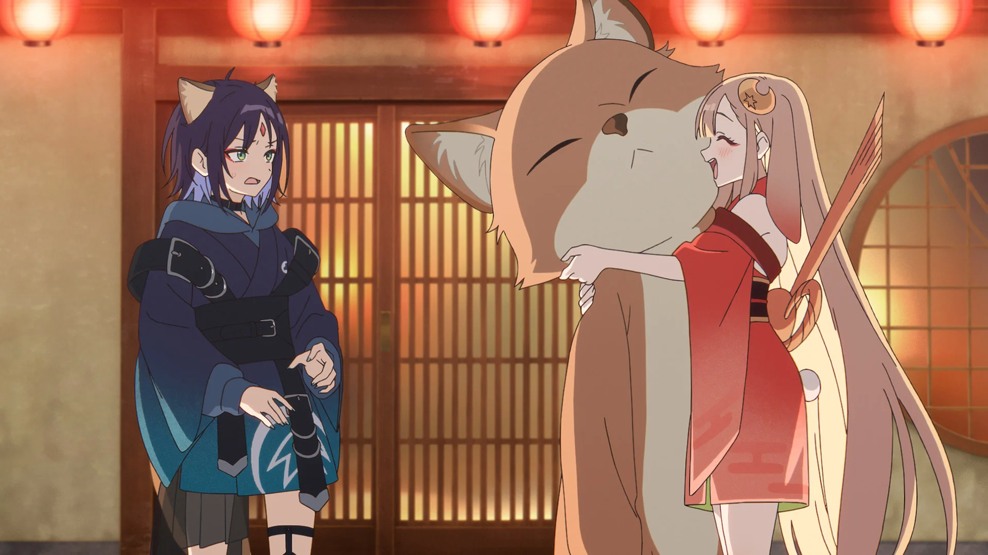 Kaguya omfavner en stor katteagtig skabning i et traditionelt miljø med lanterner.