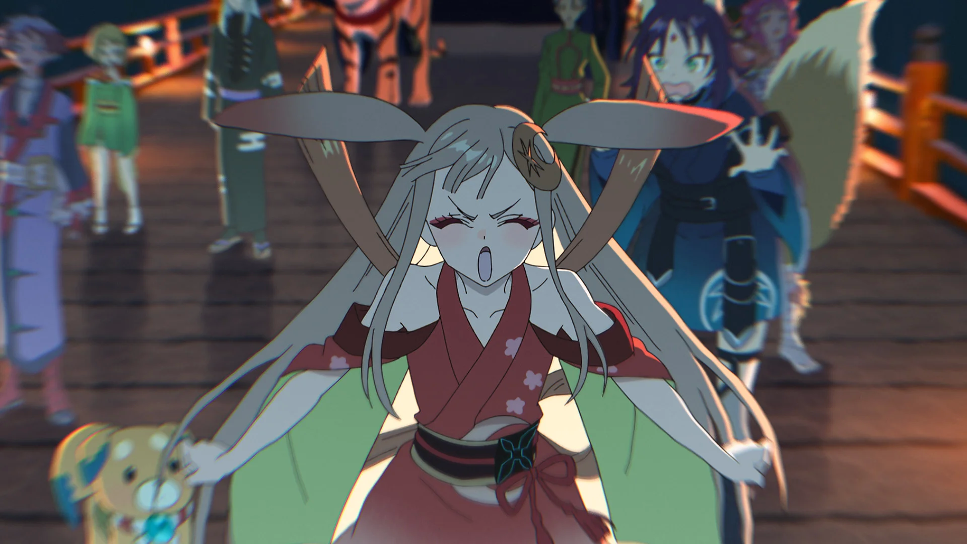 En dynamisk gruppe anime-karakterer på en træbro, med Kaguya i en rød kimono i energisk spidsen.