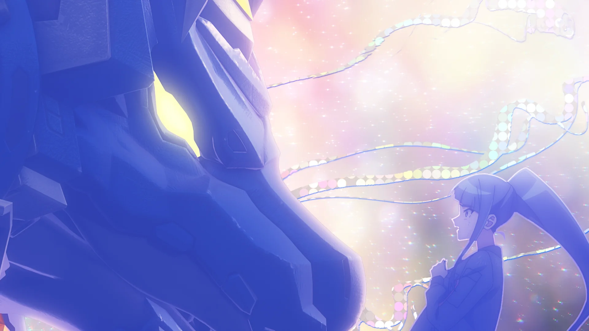 Eine weibliche Figur konfrontiert eine große Kreatur vor einem leuchtend bunten Hintergrund.