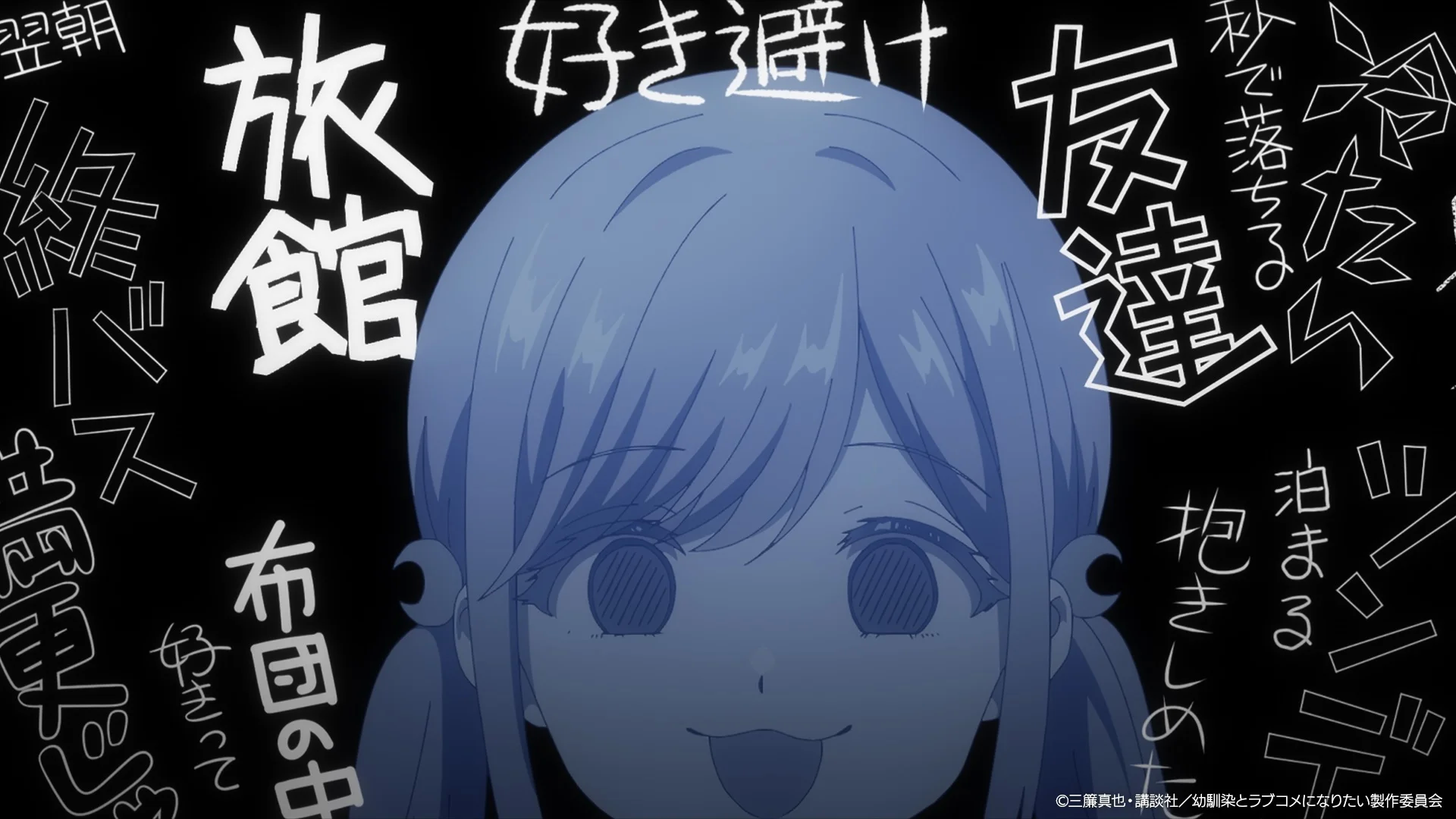 Postava z anime s modrými vlasmi obklopená japonským textom