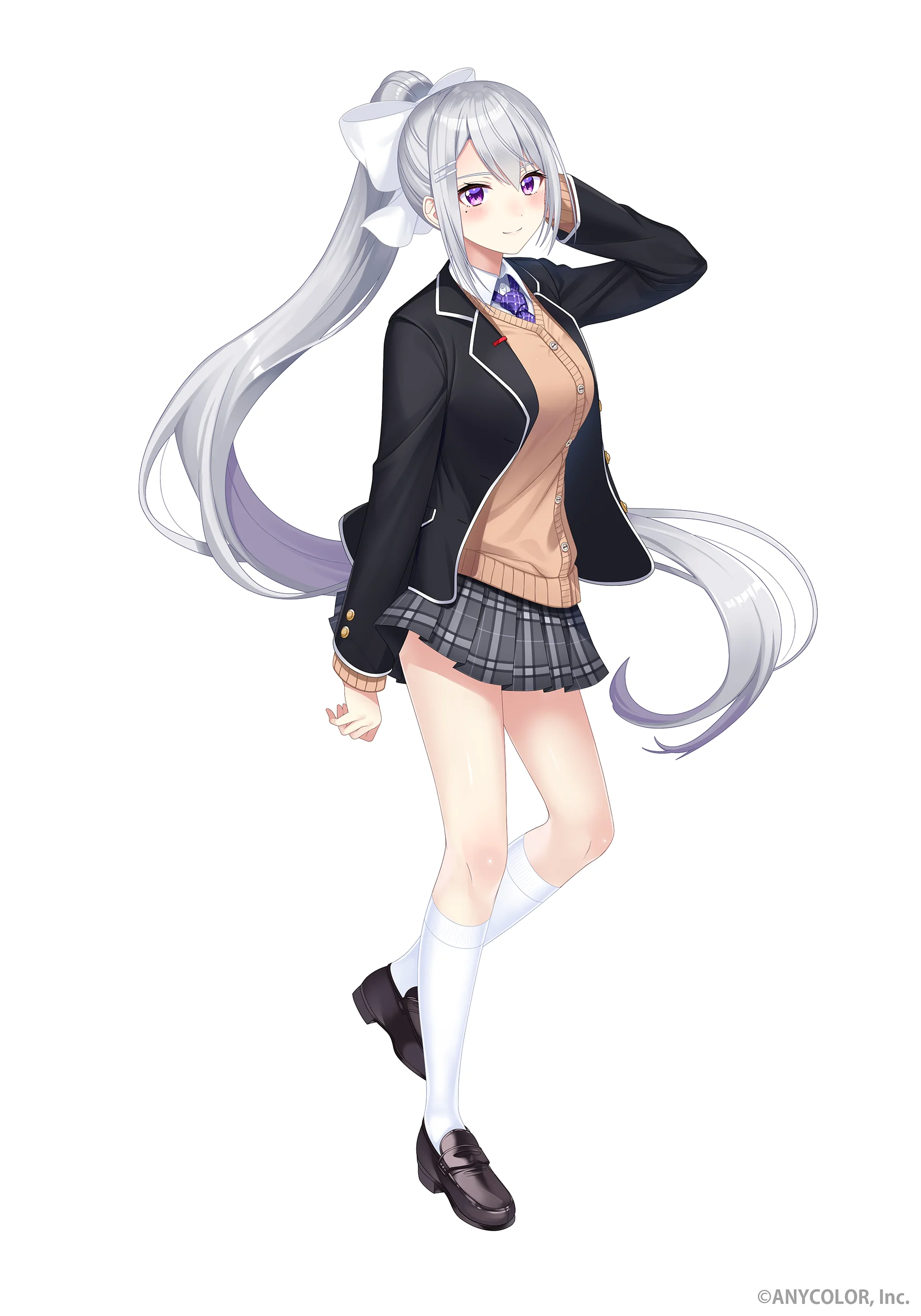 দীর্ঘ সিলভার চুল এবং স্কুল ইউনিফর্ম সহ Kaede Higuchi-এর অ্যানিমে-স্টাইলের চিত্র