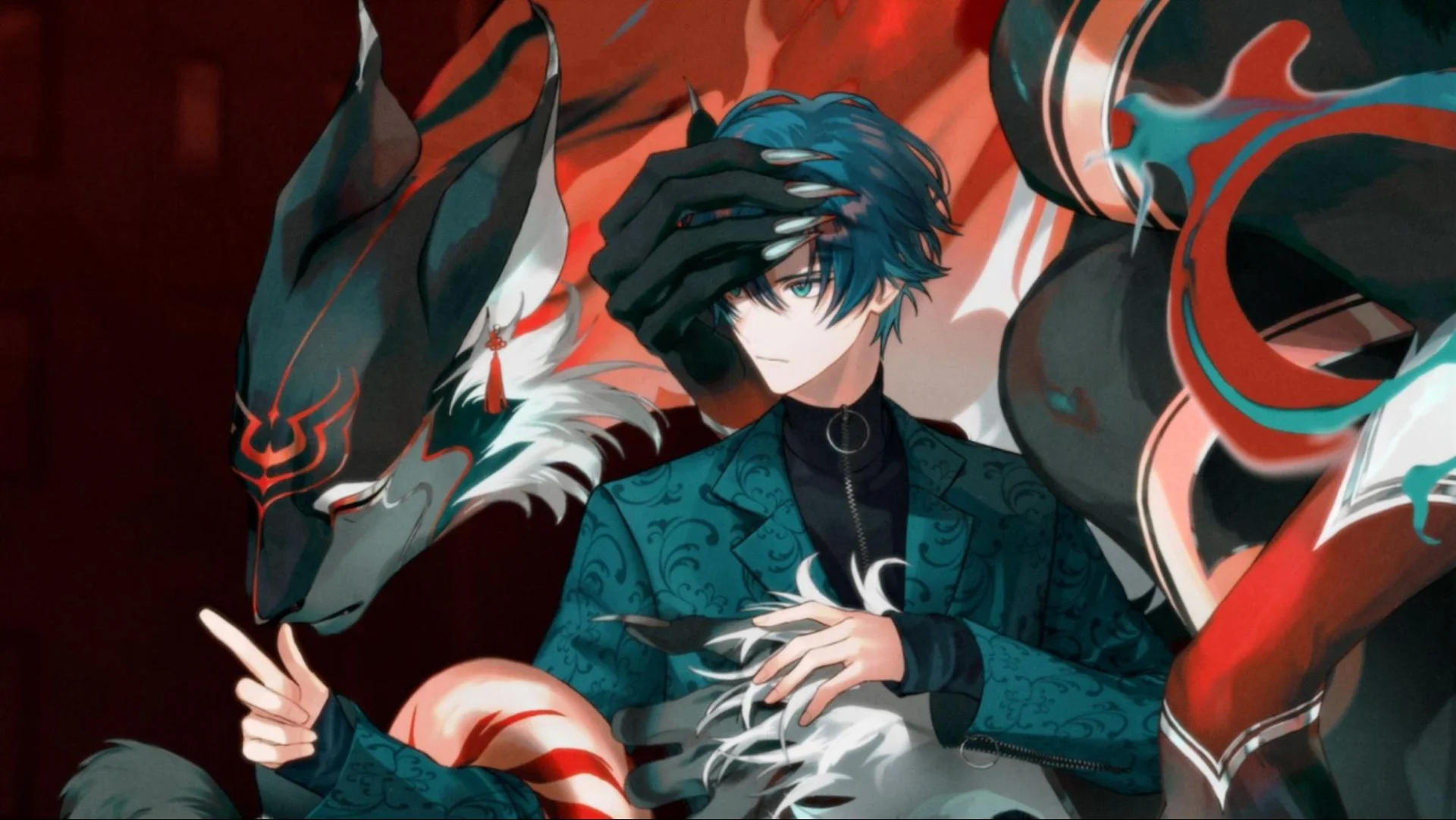 Жаныбарлар менен курчалган көк чачтуу аниме каарманы