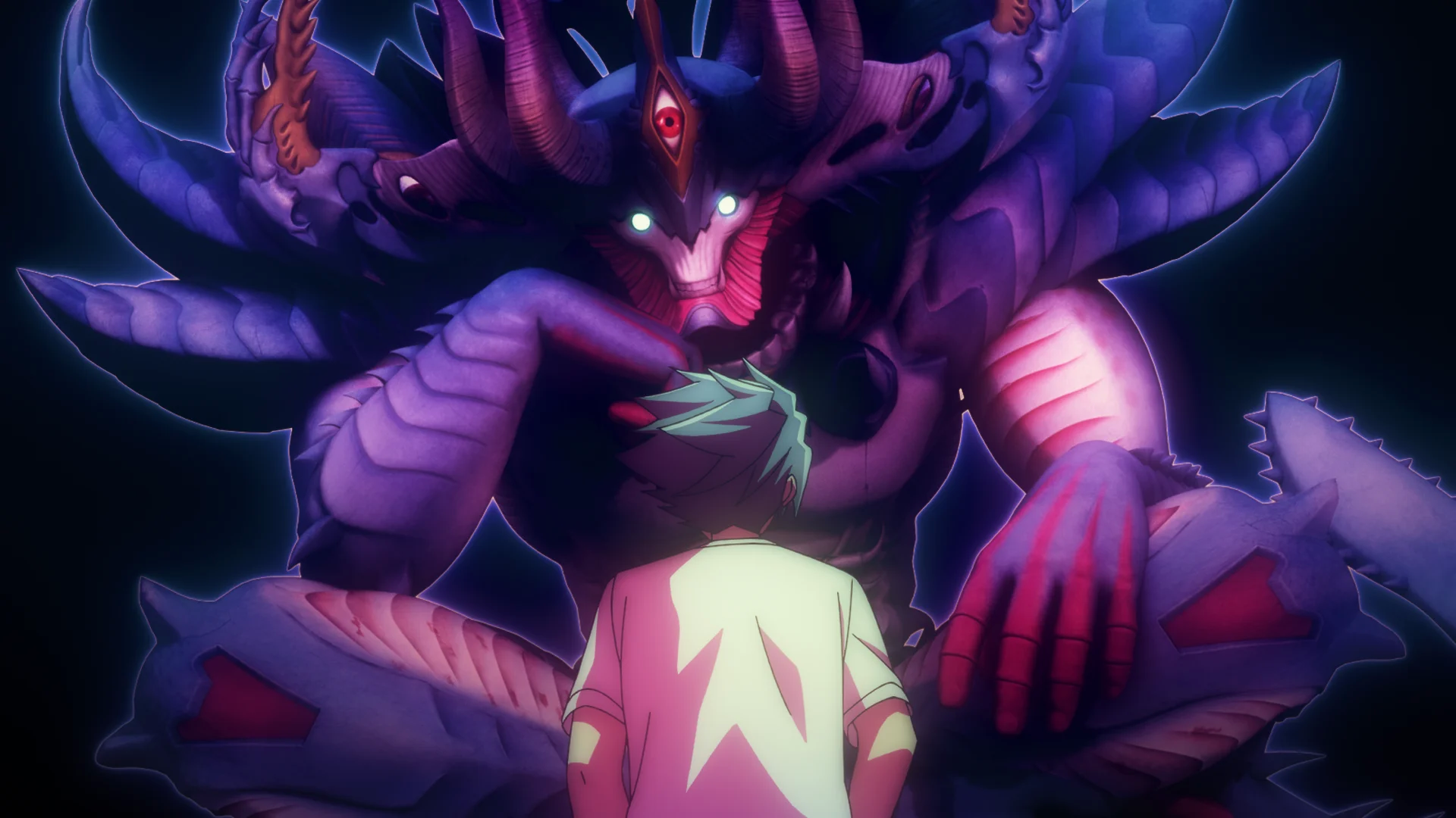 Animefigur konfronterer et stort, treøjet væsen i et mørkt miljø