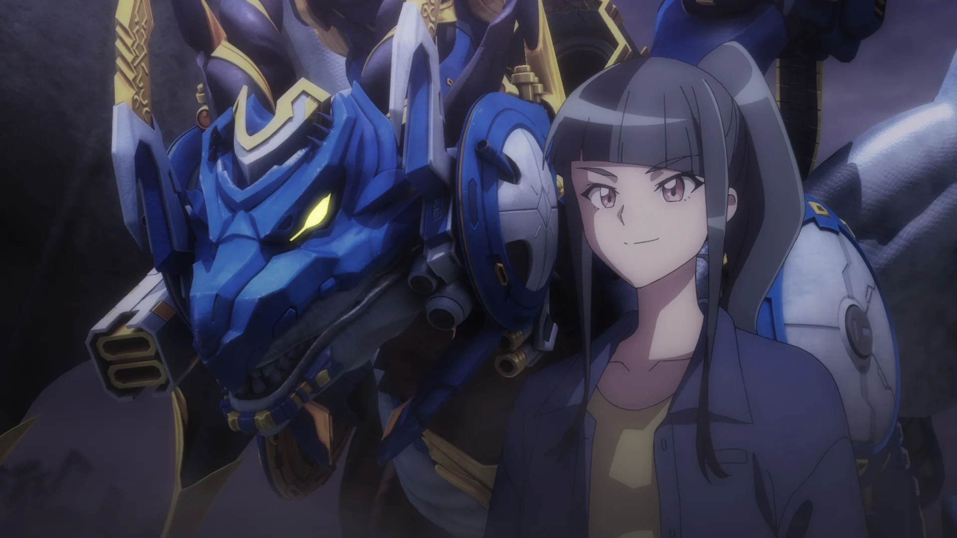 Animefigur ved siden af en blå mekanisk drage