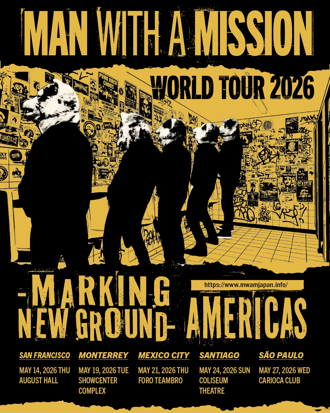 Stílusos turnéplakát a <a href="https://onlyhit.us/music/artist/MAN%20WITH%20A%20MISSION" target="_blank">MAN WITH A MISSION</a> együttesről graffiti háttérrel