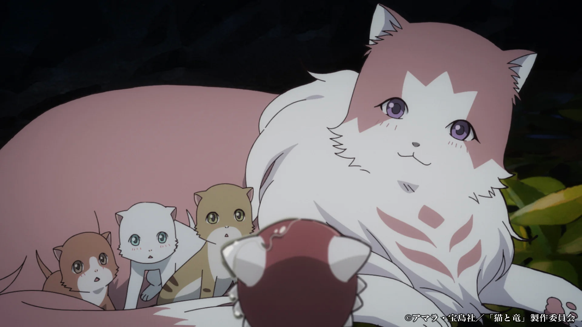 Anime key visual of a large cat with smaller colorful kittens against a dark background.