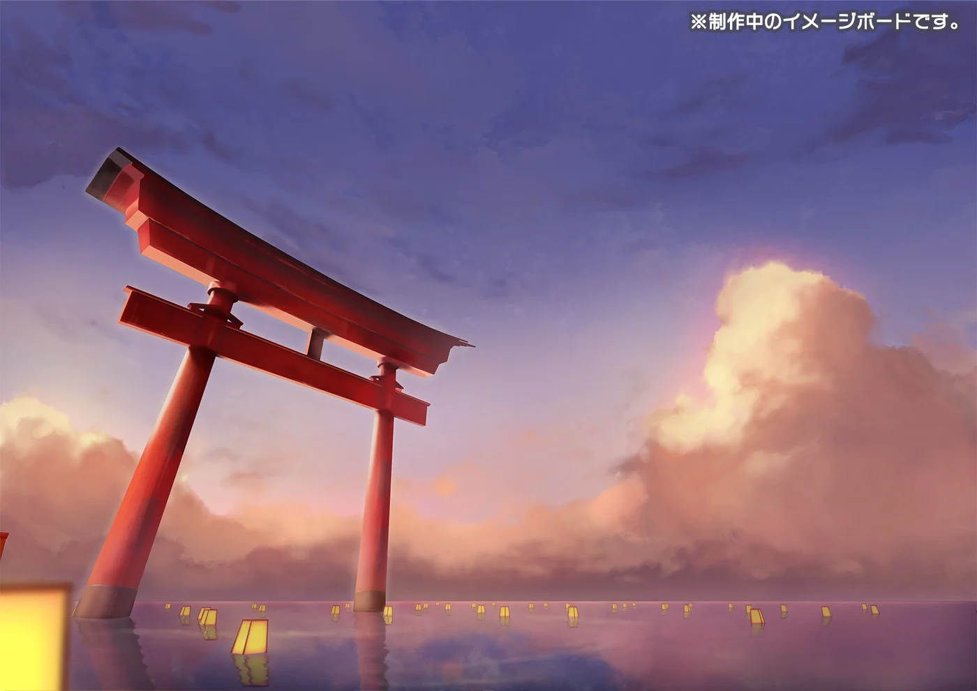 Ilustracja czerwonej bramy torii nad wodą z pływającymi lampionami o zachodzie słońca.