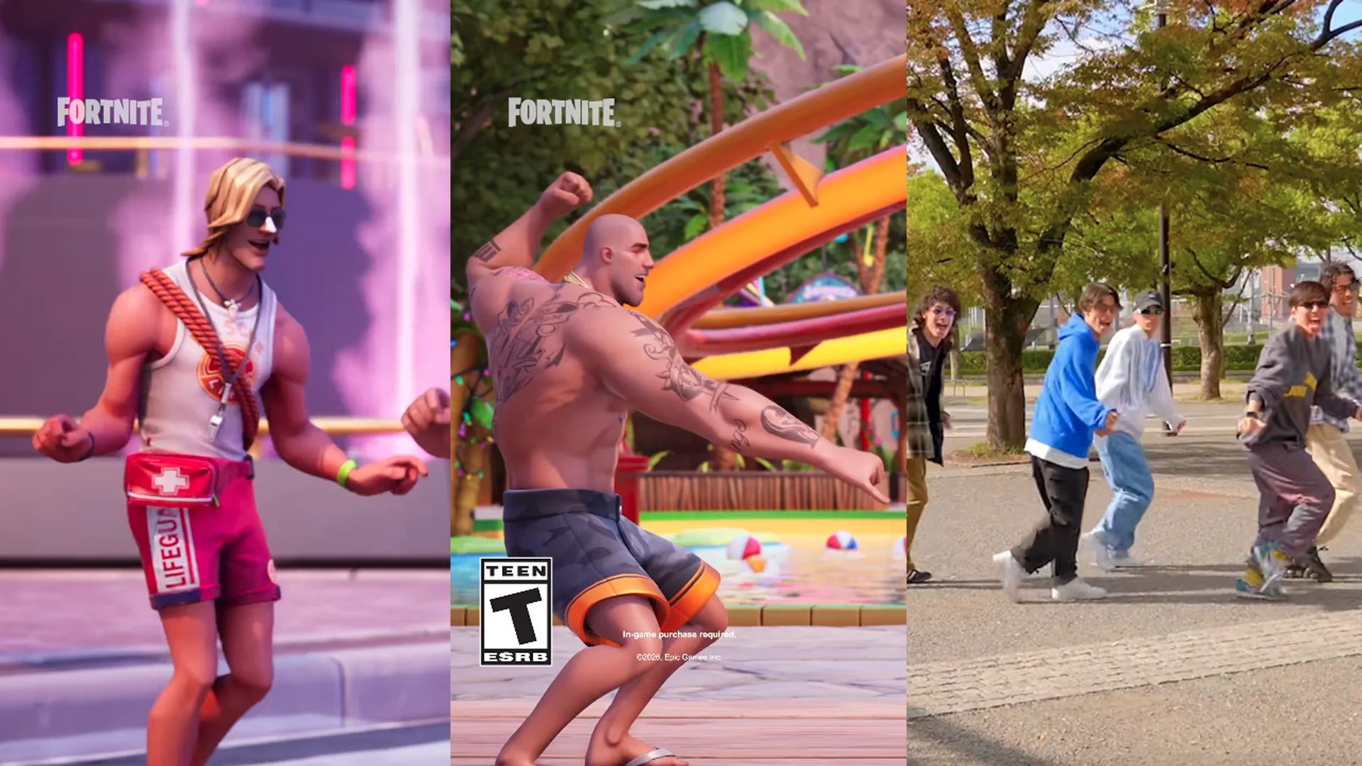 Postavy z Fortnite a členové Hoodie fam předvádějí tanec Fireball