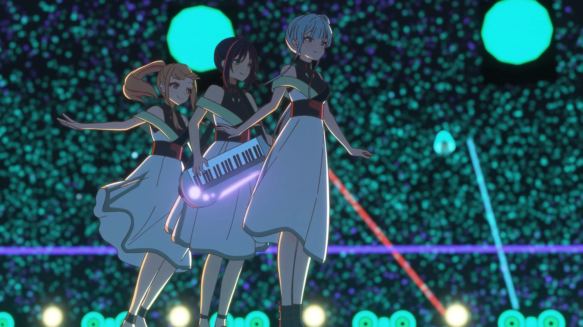 Tri animirana lika koji nastupaju na futurističkoj pozornici