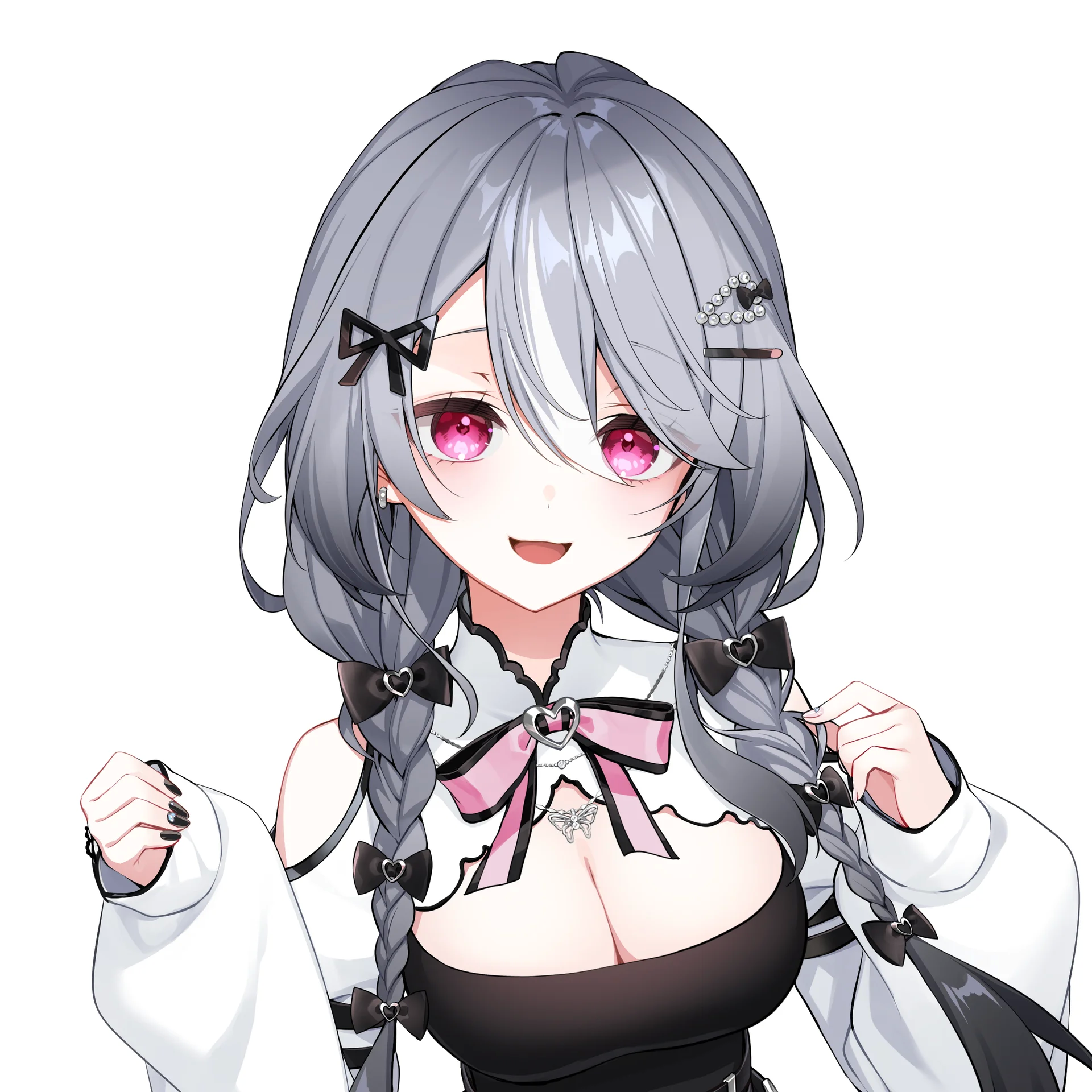 Anime-style character with long gray hair and red eyes