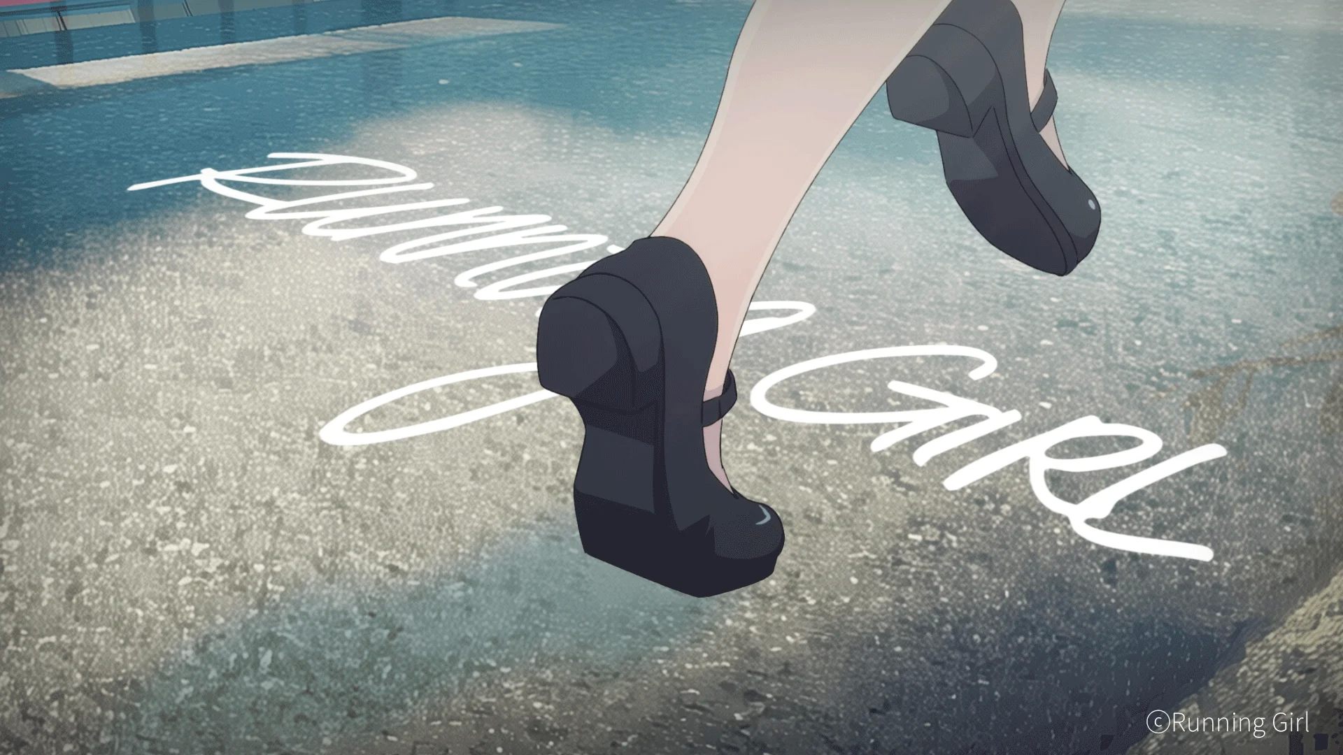 ನೆಲದ ಮೇಲೆ ರನ್ನಿಂಗ್ ಗರ್ಲ್ ಬರೆದಿರುವ ಒಂದು ಪಾತ್ರದ ಕಾಲುಗಳ ಓಡುತ್ತಿರುವ ಕ್ಲೋಸ್-ಅಪ್
