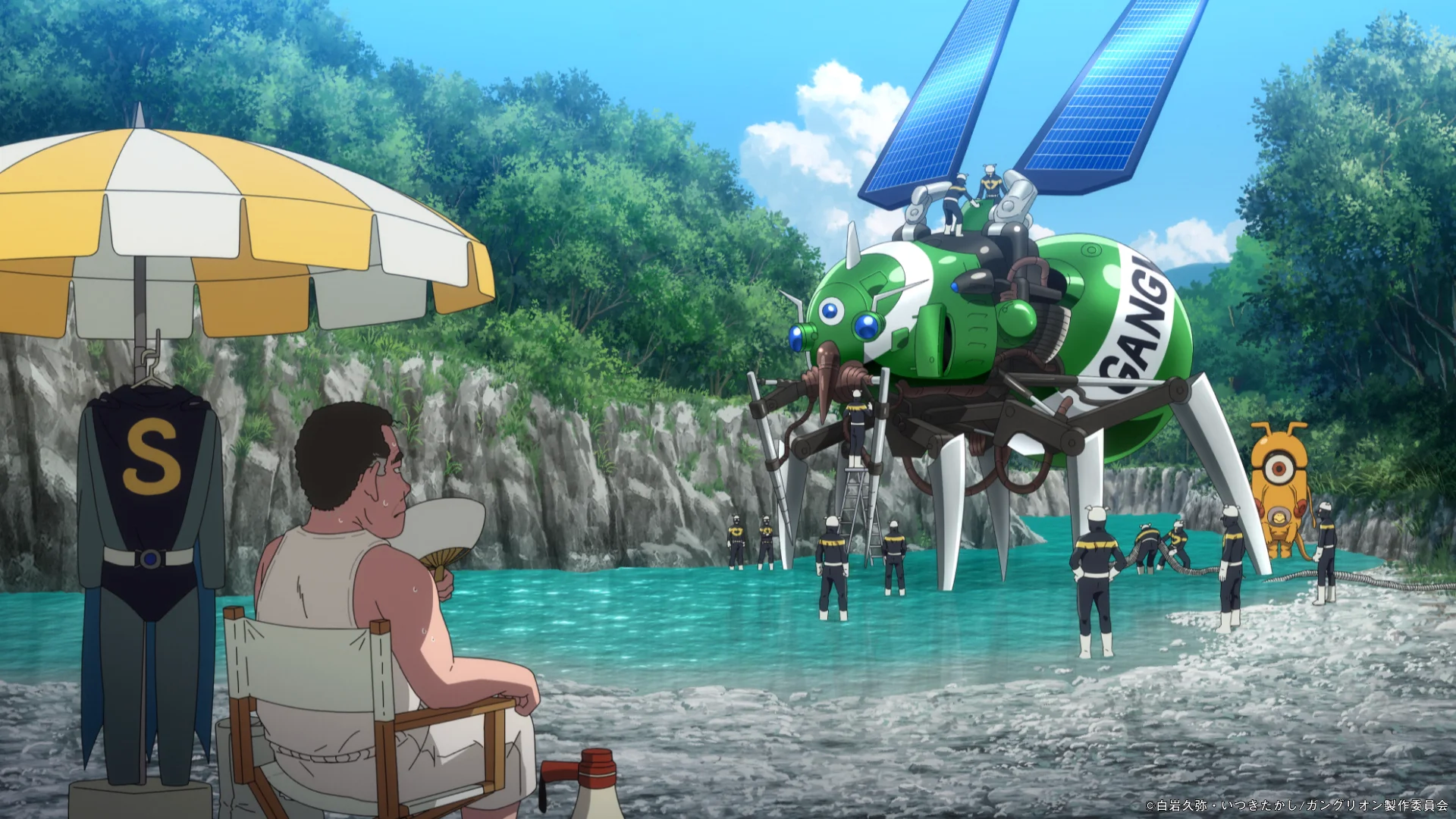 Анимациялык сценада колтукта зонт менен турган киши жана дайрага жакын жашыл мехти айланып турган каармандар.