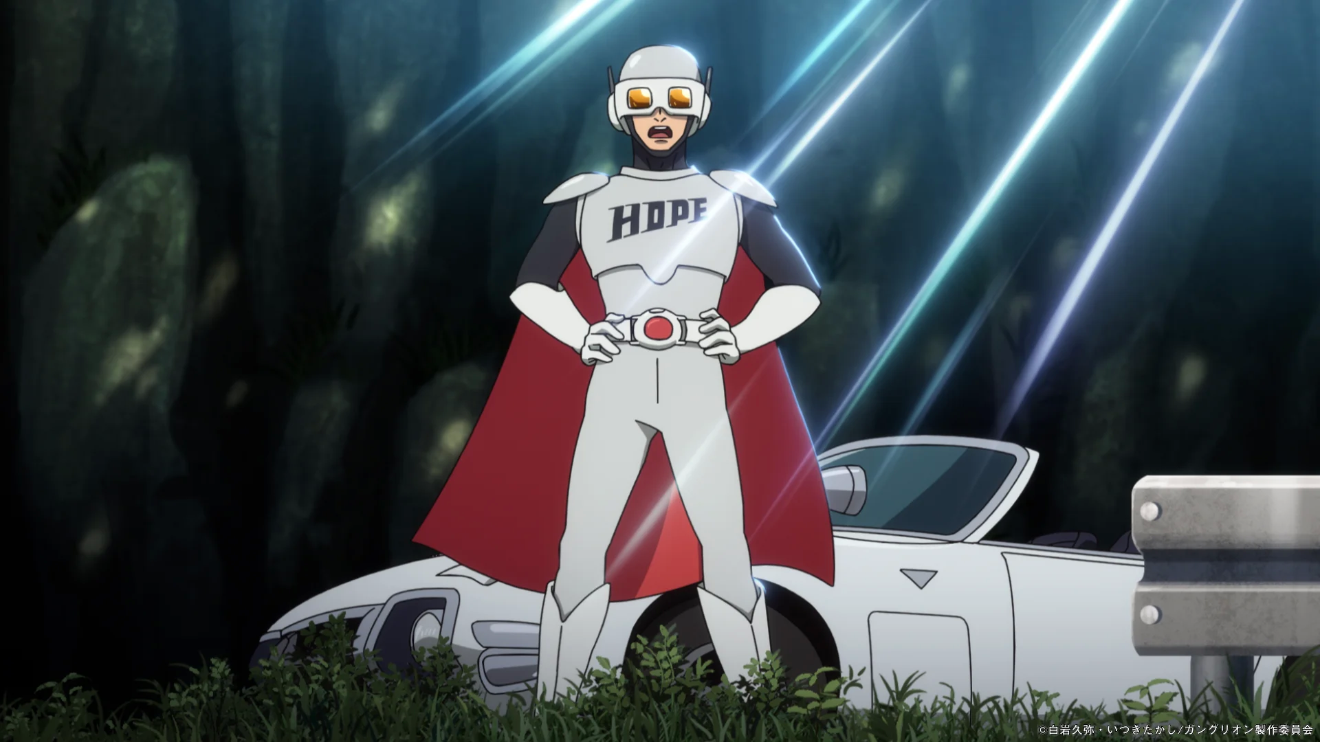 Анимациялык каарман футуристикалык куралданууда турушта, көкүрөгүндө HOPE жазуусу менен токой фонунда.