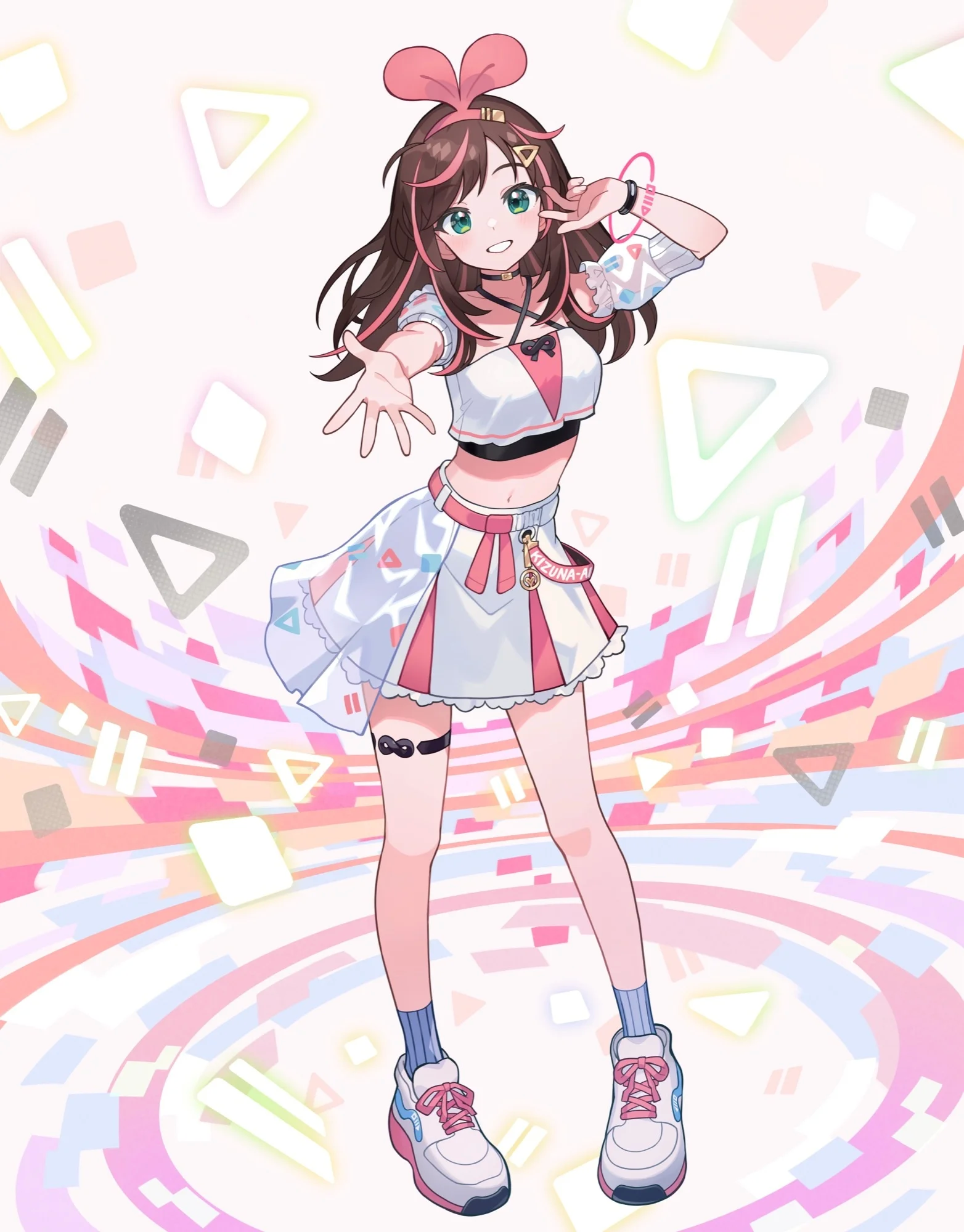 Kizuna AI egy színes geometrikus ruhában