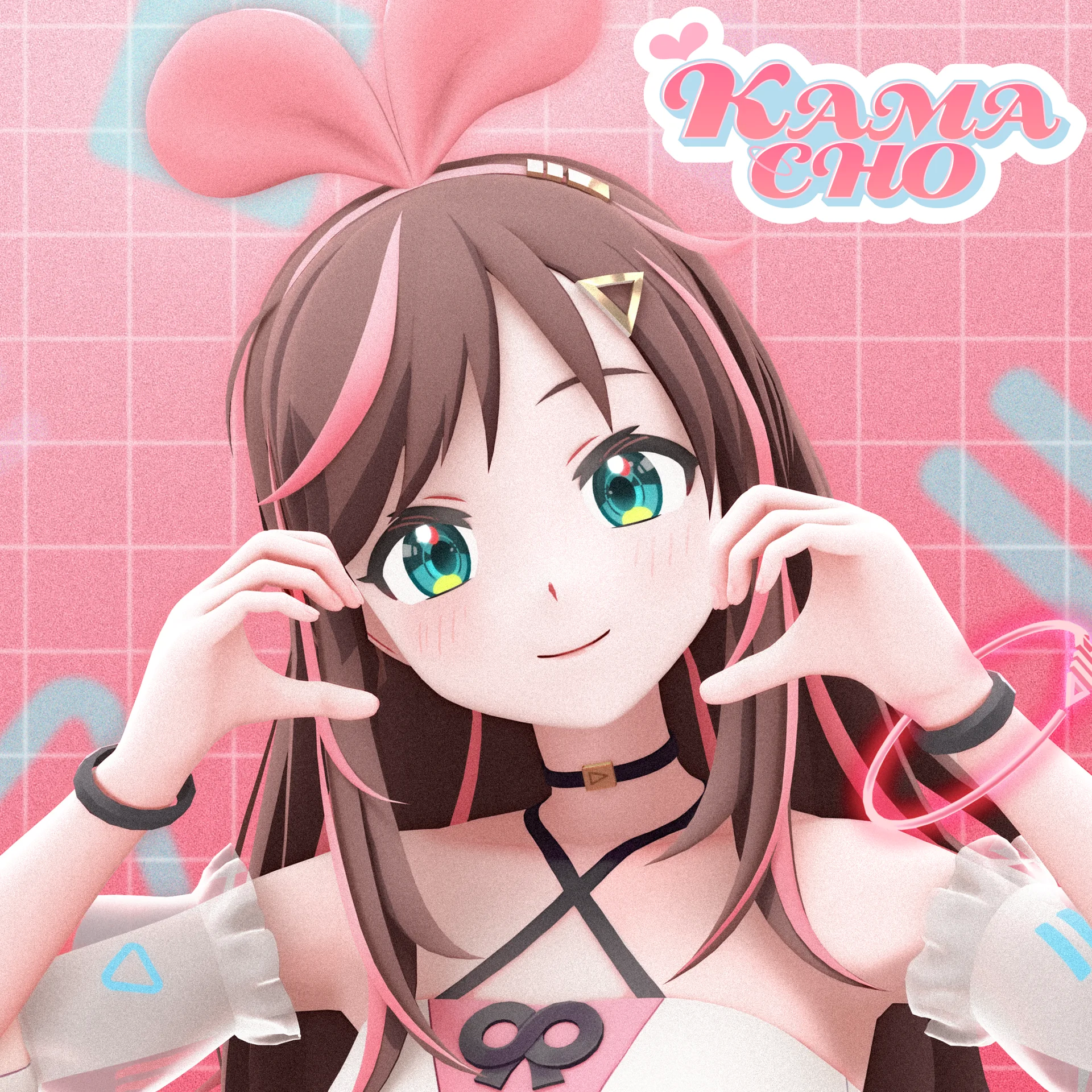 Kizuna AI mosolyogva a KAMACHO felirattal