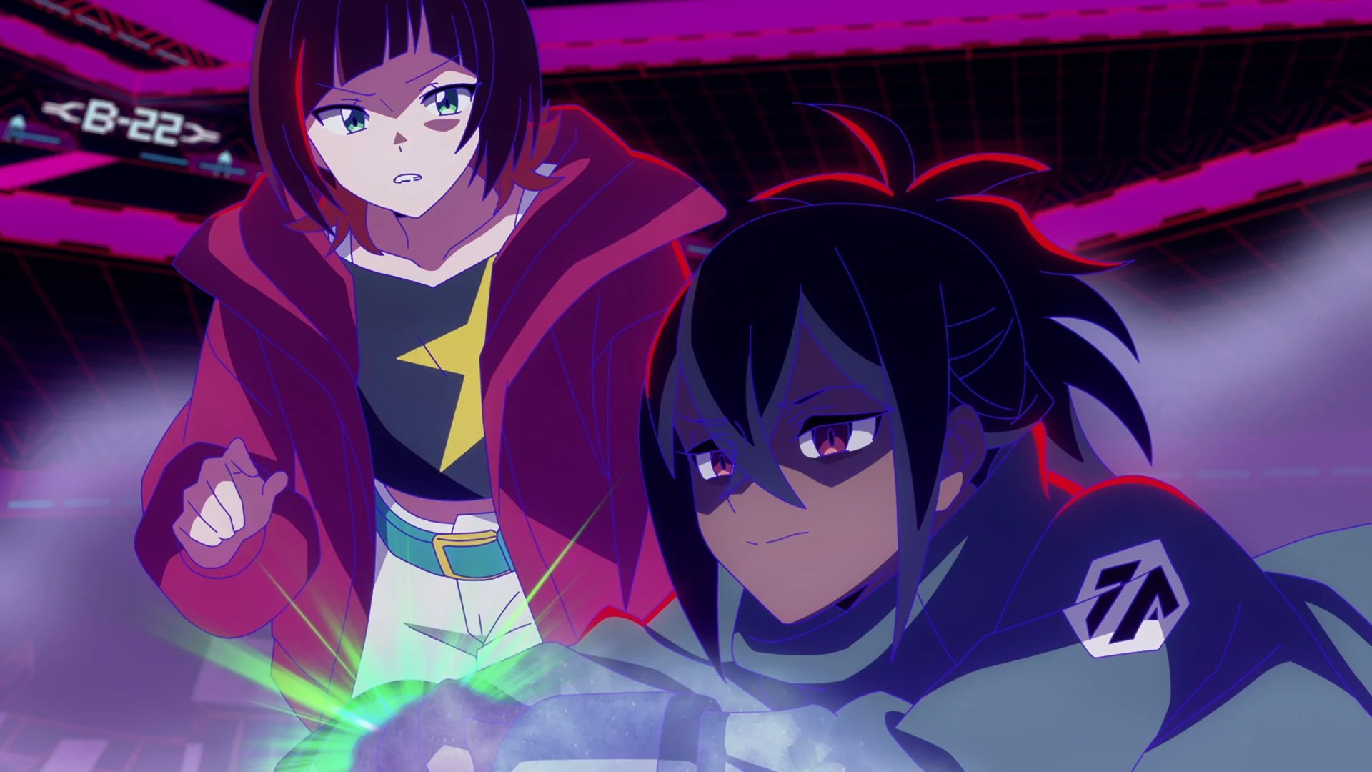 Fütüristik, neon ışıklı bir koridorda iki karakter