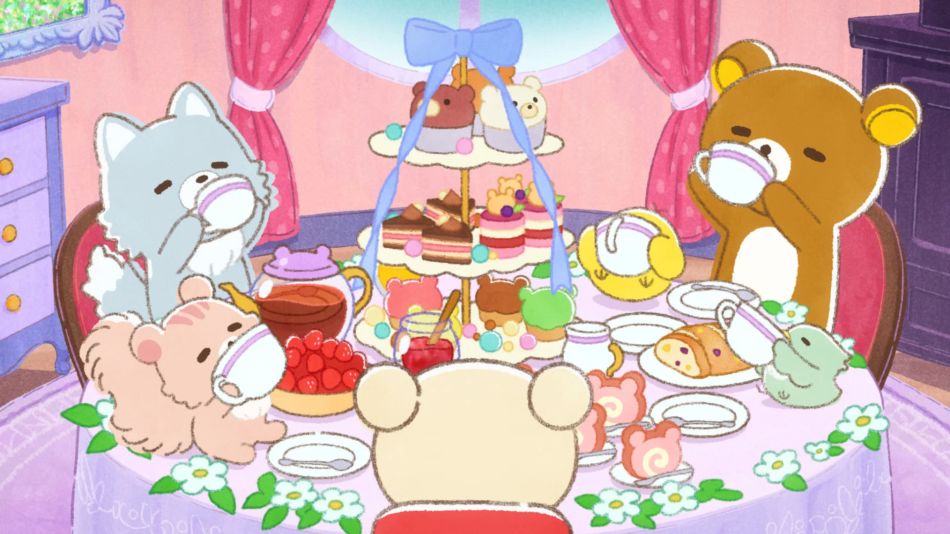 Rilakkuma and friends having tea at a table with sweets