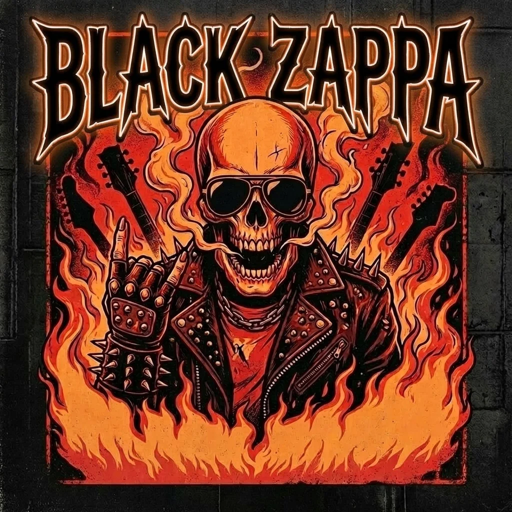 BLACK ZAPPA-এর একটি চিত্রণ, যেখানে একটি জ্বলন্ত কঙ্কাল লেদার জ্যাকেট ও সানগ্লাস পরিহিত
