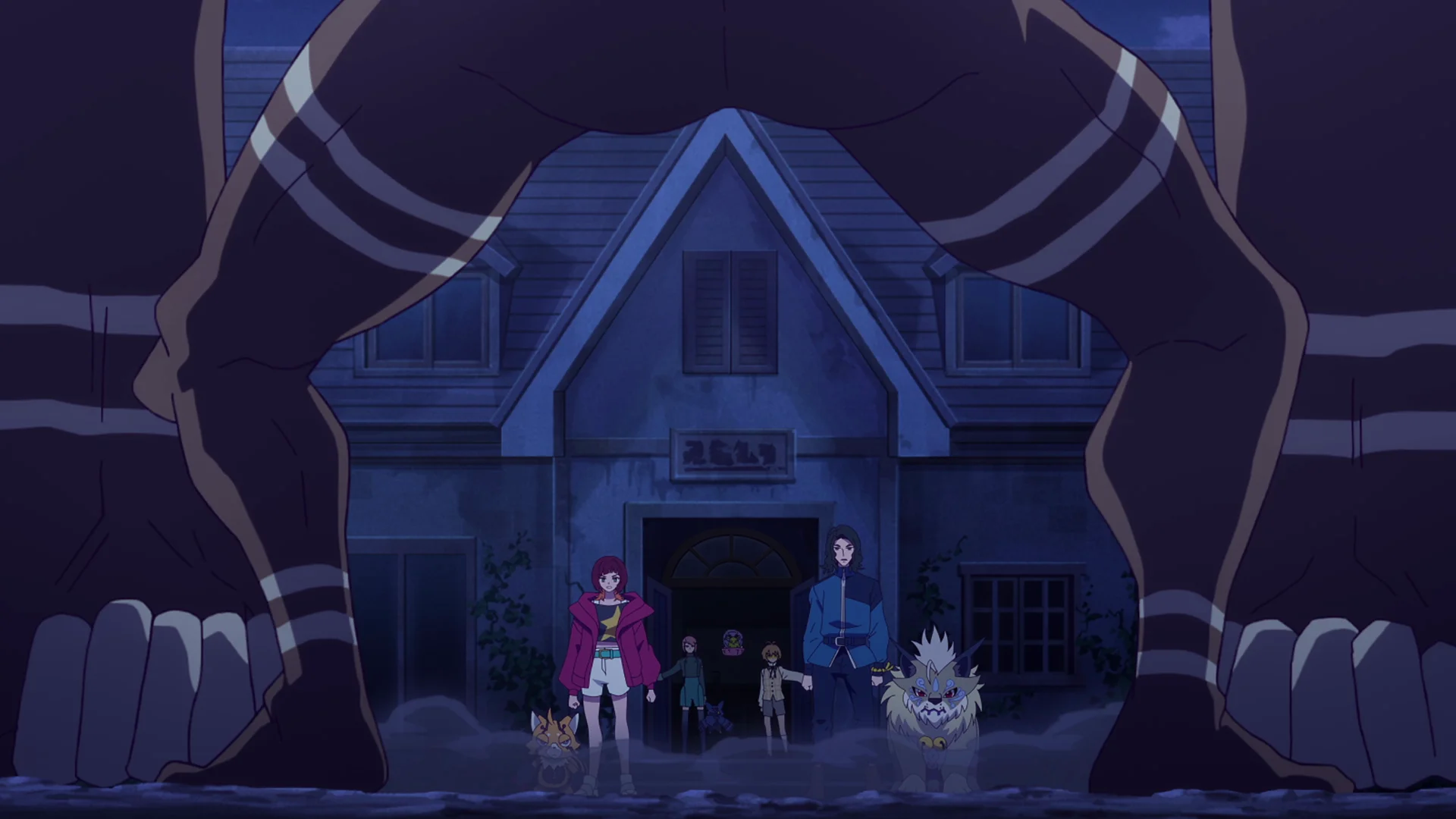 Digimon Beatbreak karakterlerinin gece vakti büyük bir yaratıkla karşı karşıya geldiği sahne