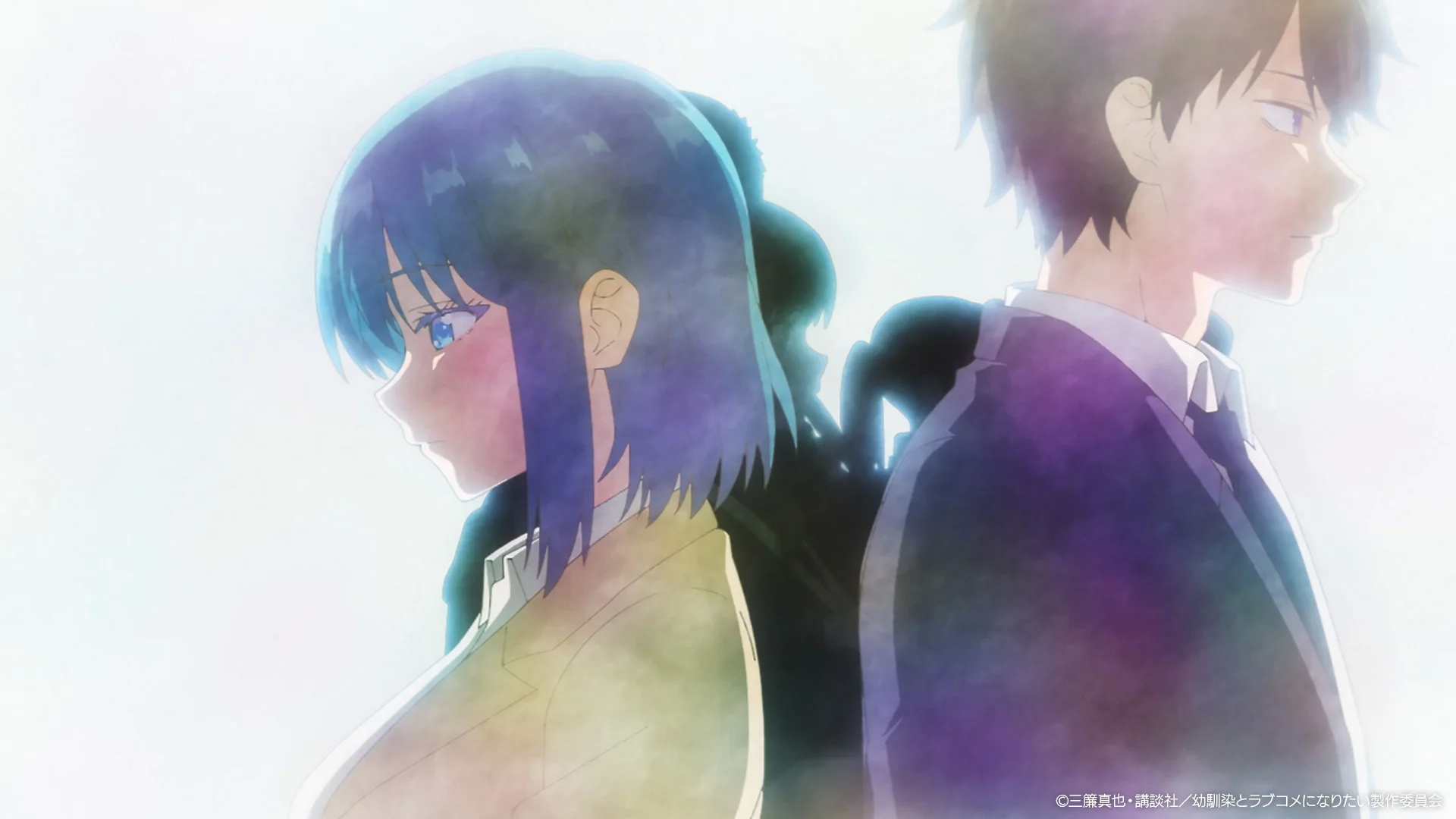 Anime-Charaktere mit farbigem Dunst im Hintergrund, ein Mädchen mit blauen Haaren und ein Junge im Profil.