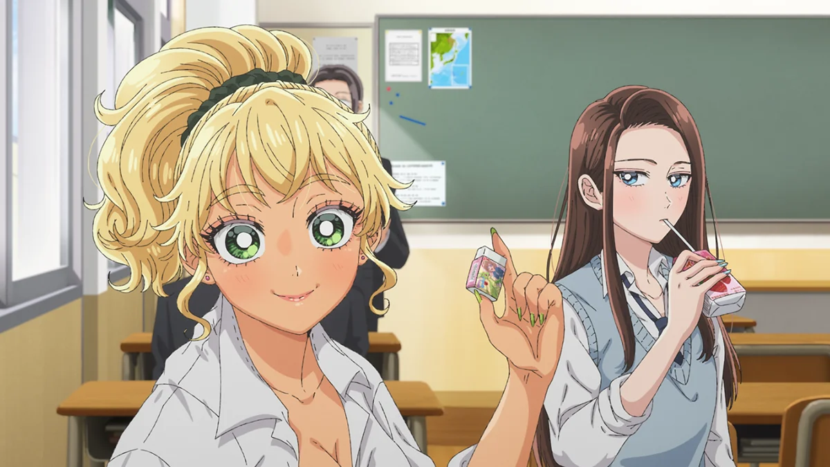 Two female anime characters in a classroom, one blonde and one brunette
