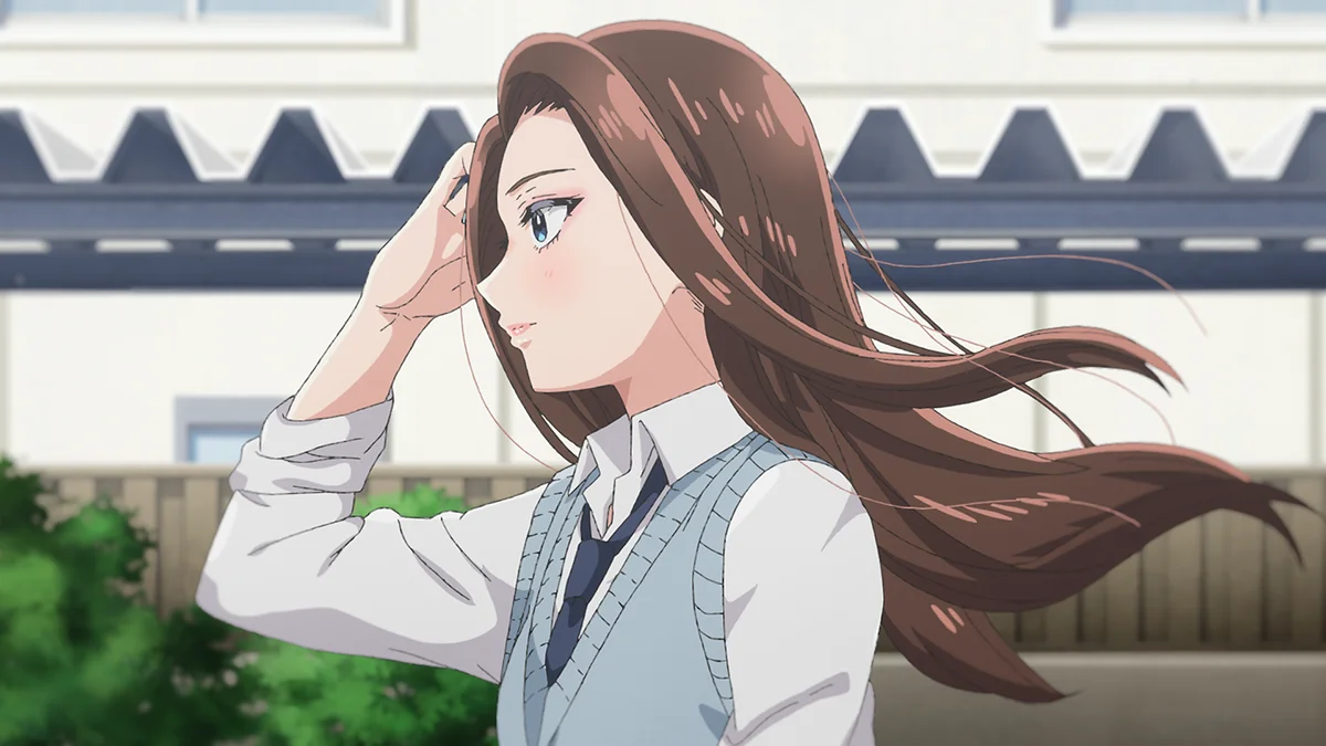 Anime character with long brown hair walking outside