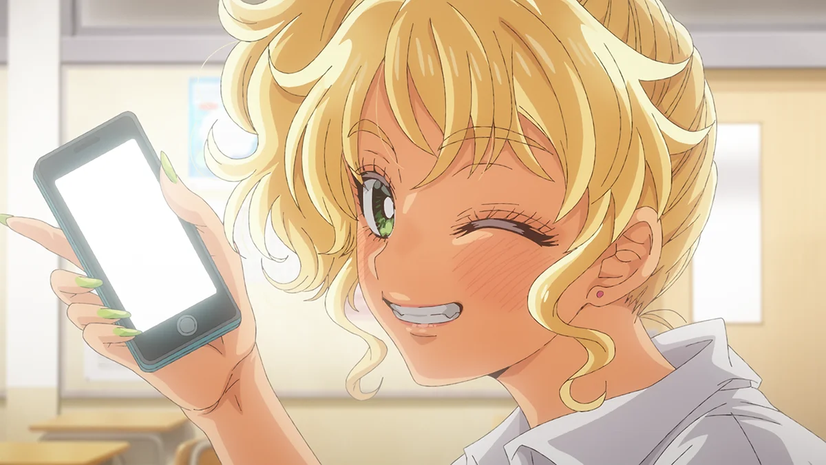 Blonde anime character winking and holding a smartphone