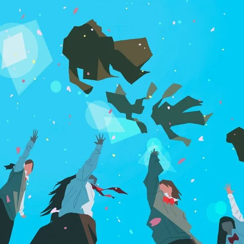 Ilustracja uczniów rzucających czapki studenckie