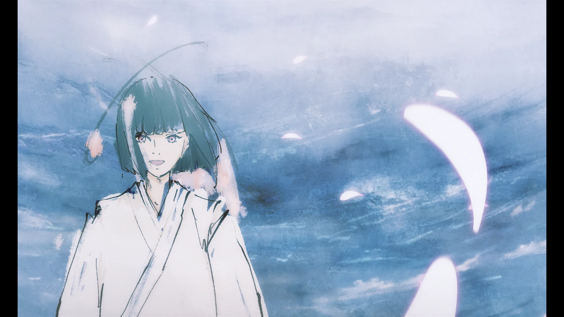 סקיצת אנימה של דמות בגלימה לבנה