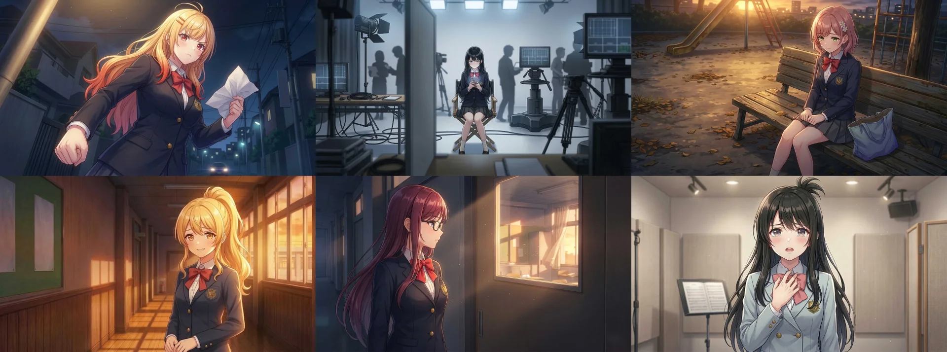 Kolase karakter bergaya anime dalam seragam sekolah di berbagai latar