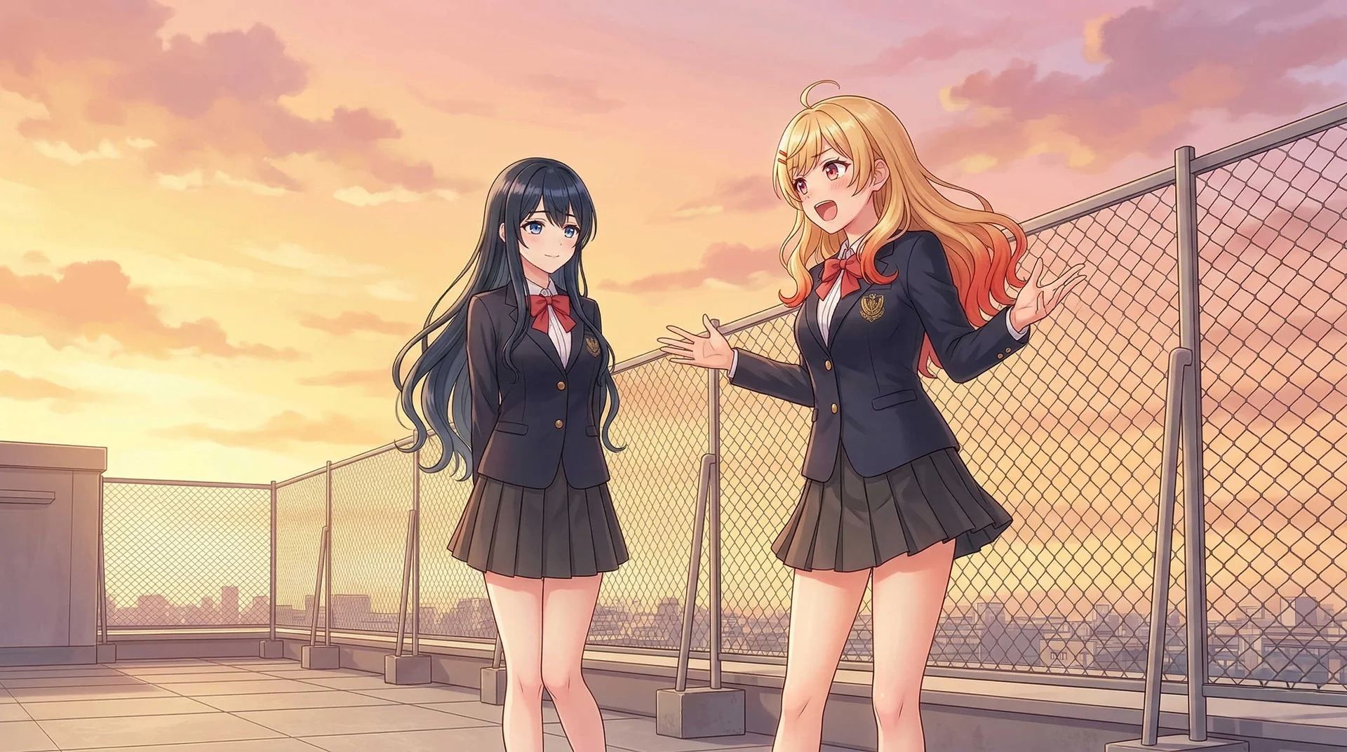 Dua gadis anime dalam seragam sekolah berdiri di atap saat matahari terbenam