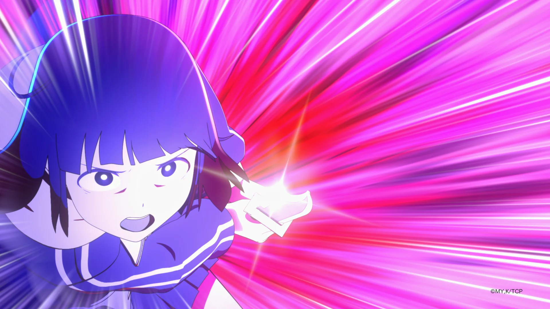 Cymeriad anime mewn gwisg las gyda llinellau symud rhywiol coch a pinc yn y cefndir.