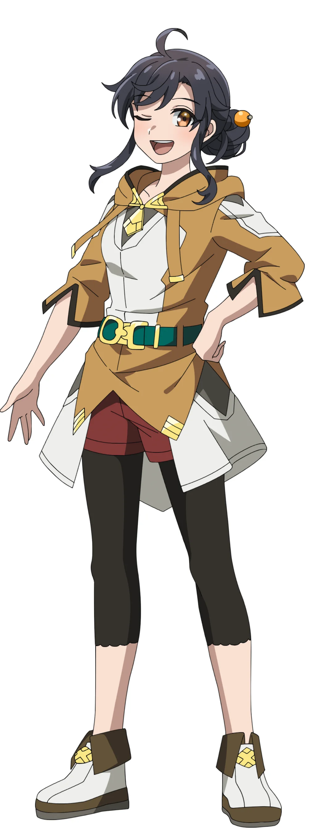 Anime character with dark hair and casual fantasy clothing, smiling with hand on hip.